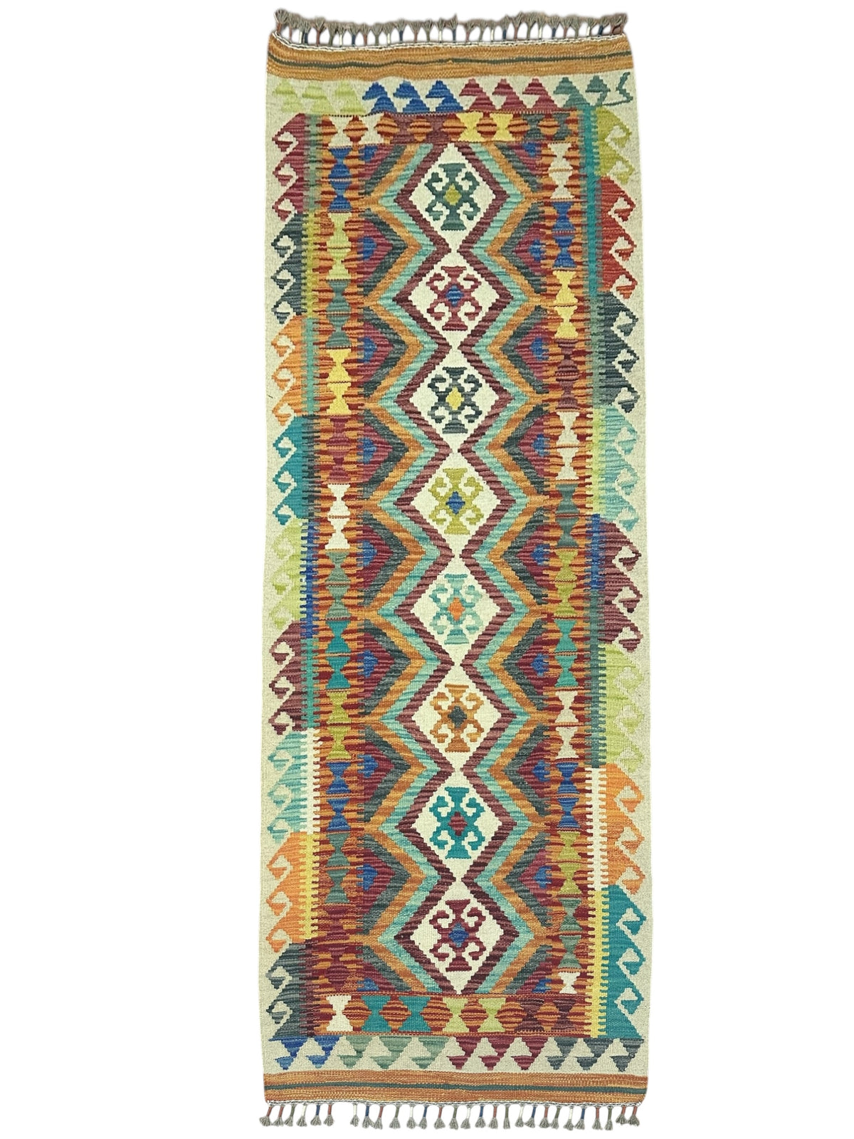 Afghan Kilim Runner 3x6, Rust, Ivory & Teal, Hand-Woven Wool Flatweave