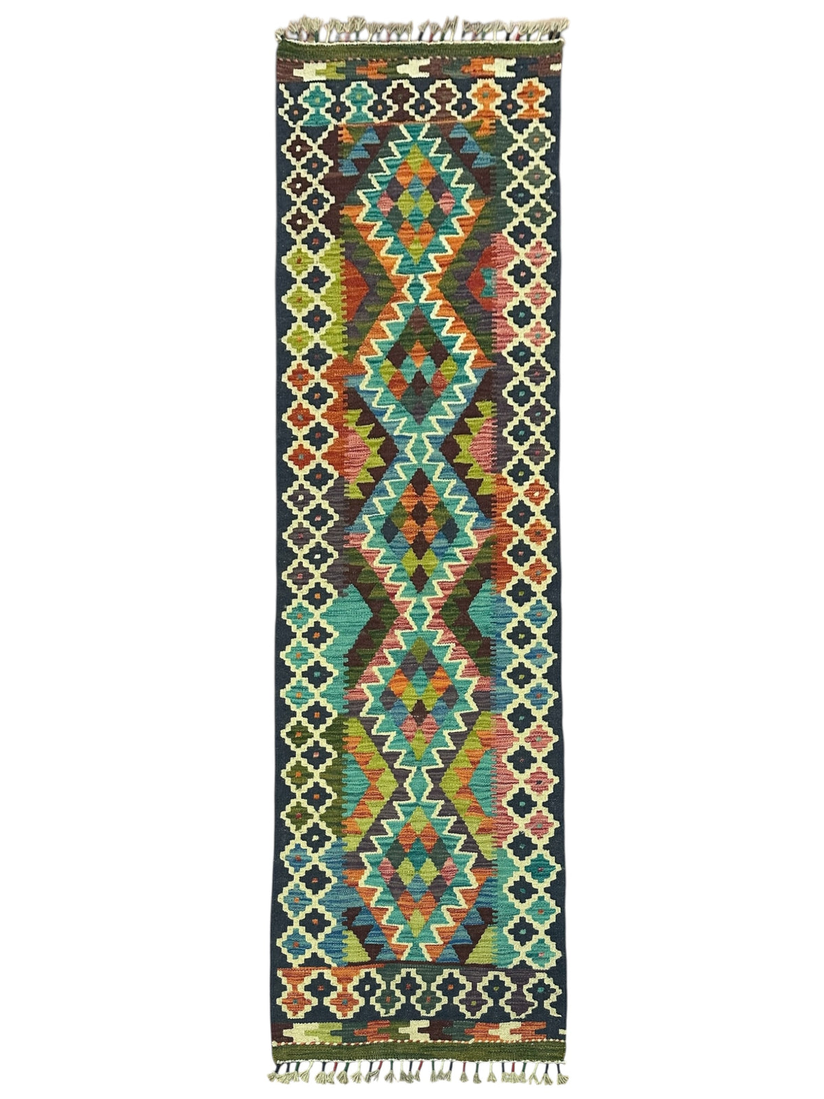 Afghan Kilim Runner 2x7, Navy, Teal & Ivory, Hand-Woven Wool Flatweave