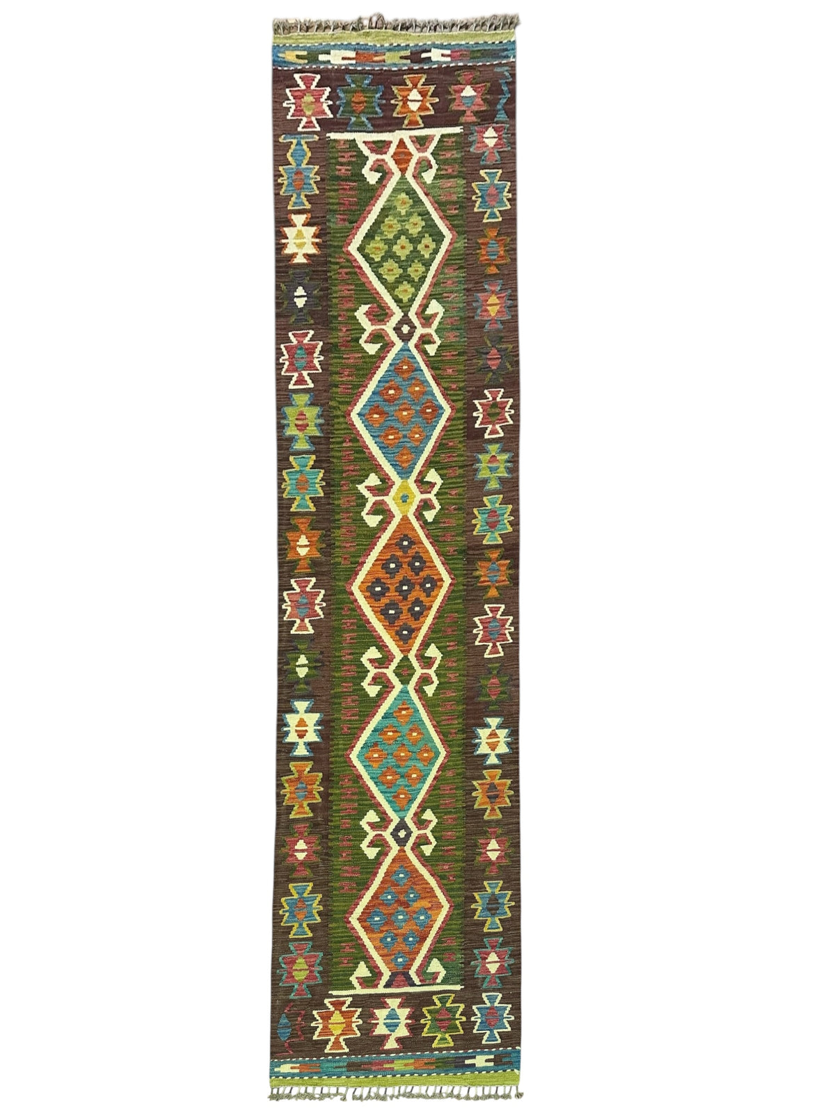 Afghan Kilim Runner 3x10, Brown, Olive Green & Ivory, Hand-Woven Wool Flatweave