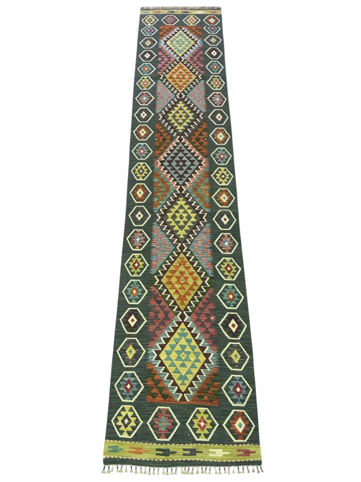 Afghan Kilim Runner 3x13, Navy, Olive Green & Rust, Hand-Woven Wool Flatweave, view 2