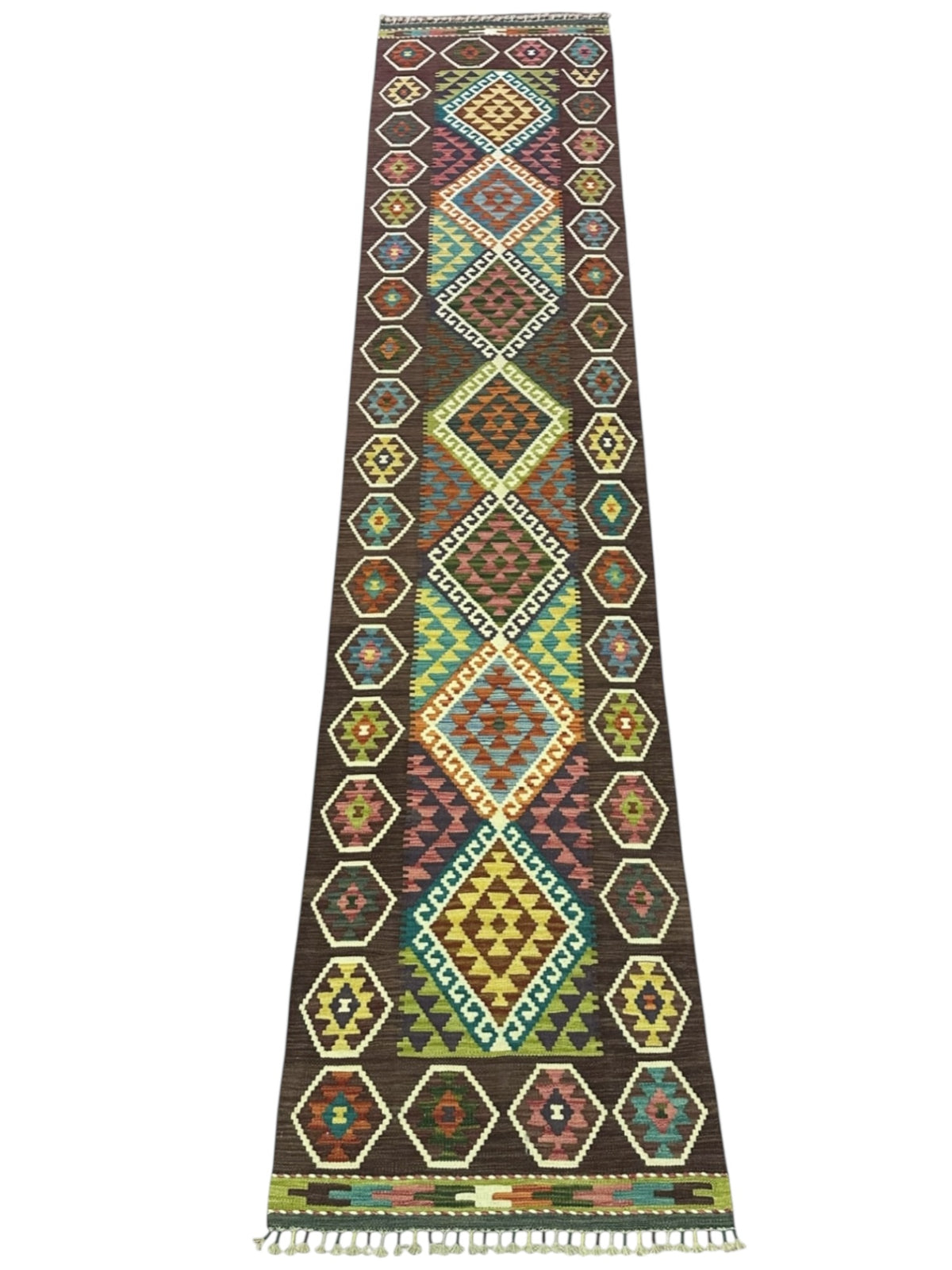 Afghan Kilim Runner 3x13, Brown, Ivory & Teal, Hand-Woven Wool Flatweave, view 2