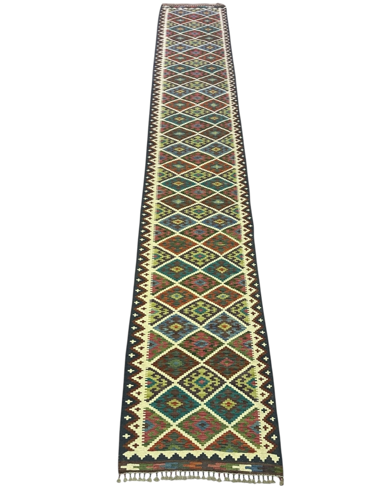 Afghan Kilim Runner 3x17, Navy, Ivory & Rust, Hand-Woven Wool Flatweave, view 2