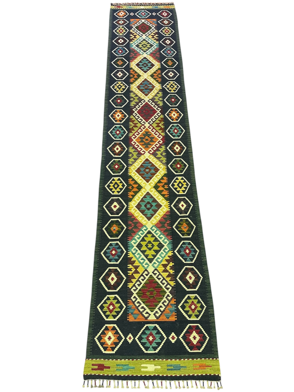 Afghan Kilim Runner 3x13, Navy, Gold & Rust, Hand-Woven Wool Flatweave, view 2