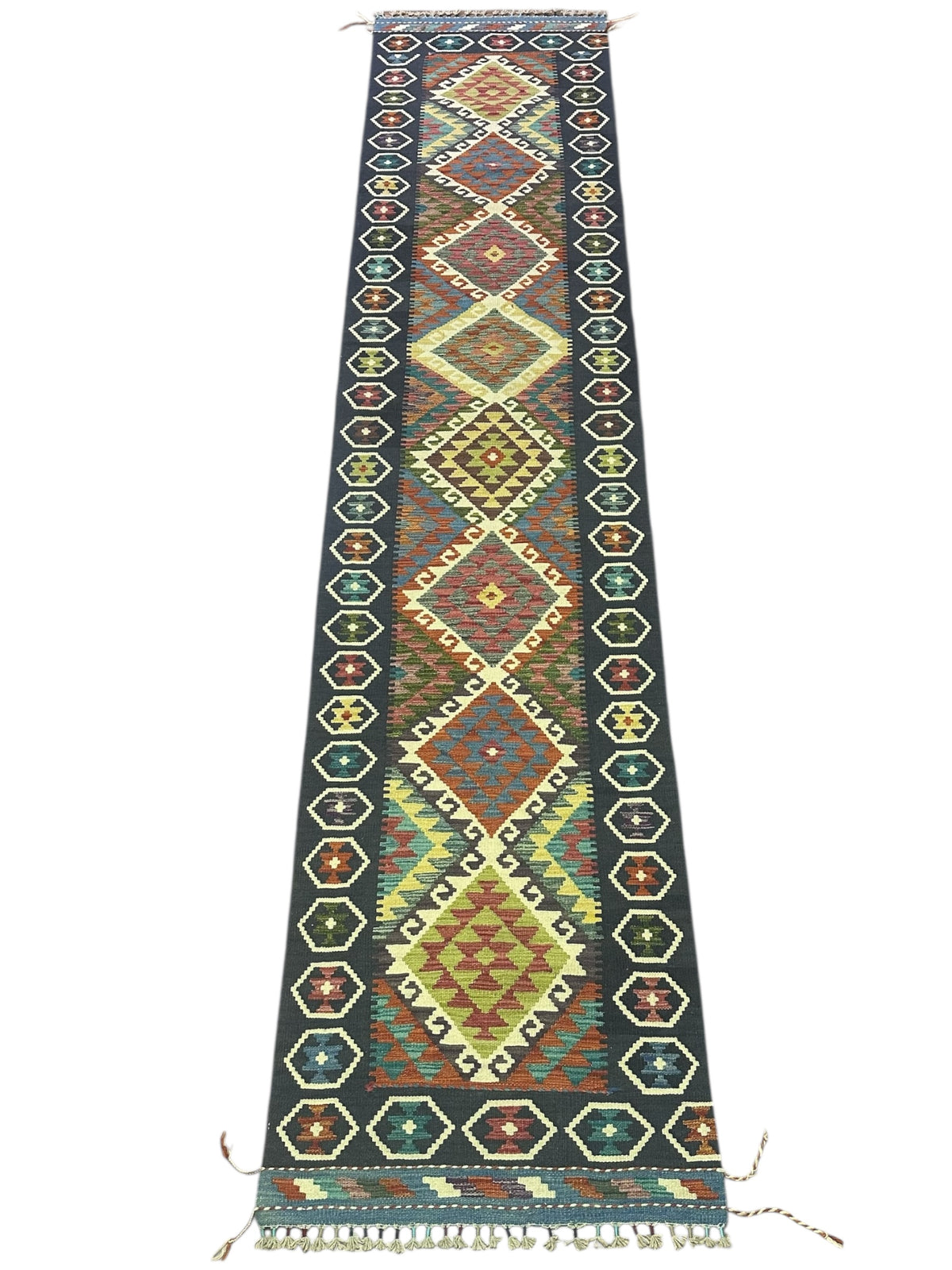 Afghan Kilim Runner 3x12, Navy, Brown & Gold, Hand-Woven Wool Flatweave, view 2