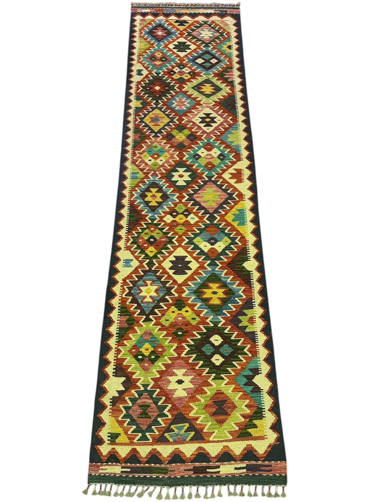 Afghan Kilim Runner 3x10, Gold, Rust & Olive Green, Hand-Woven Wool Flatweave, view 2