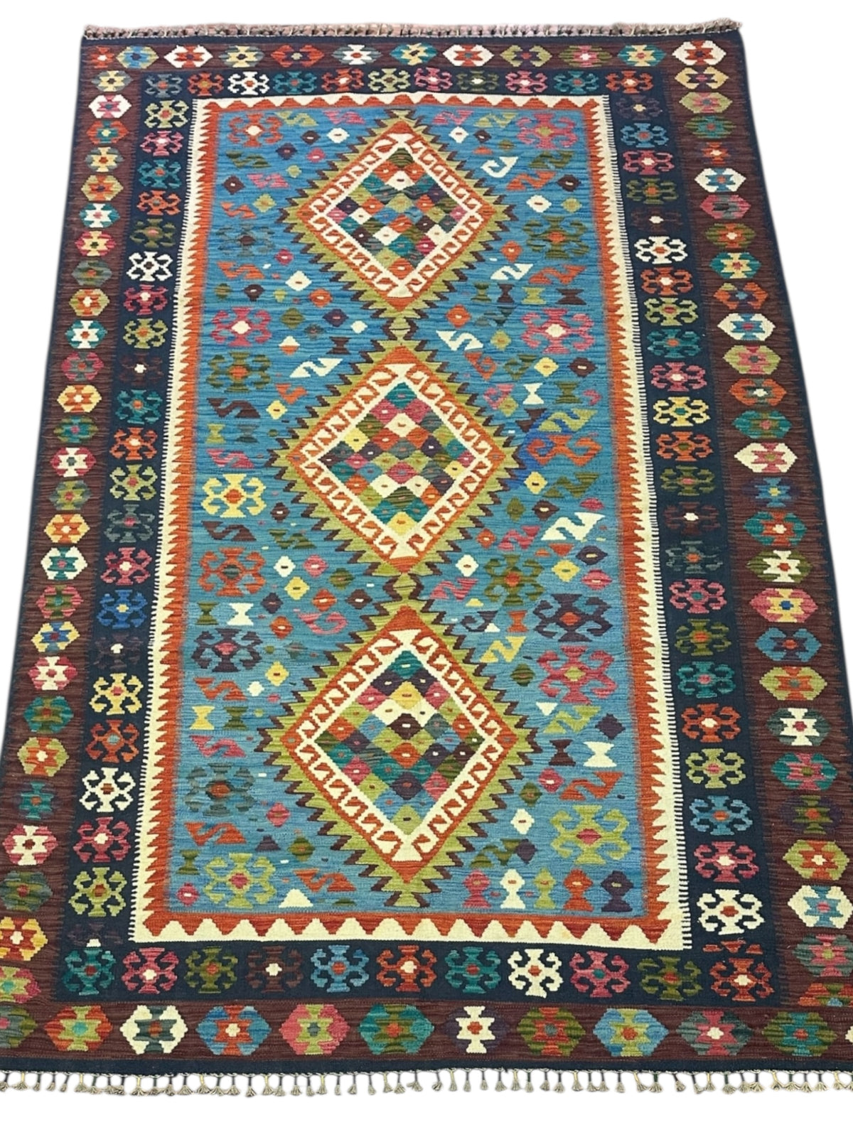 Afghan Kilim Rug 7x10, Blue, Navy & Rust, Diamond Medallion Wool Flatweave, view 2
