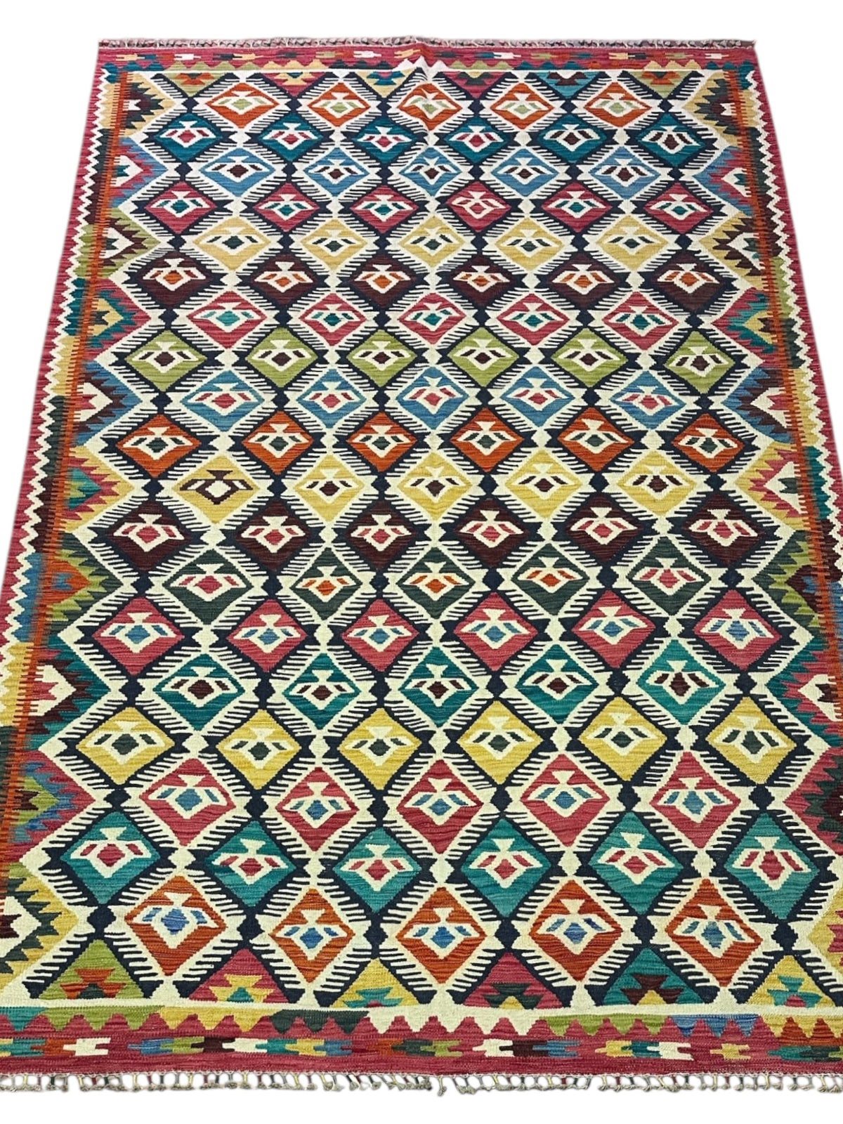 Afghan Kilim Rug 6x10, Teal, Ivory & Red, Hand-Woven Wool Flatweave, view 2