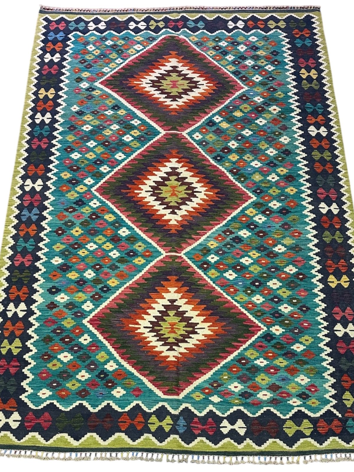 Afghan Kilim Rug 7x10, Teal, Navy & Rust, Hand-Woven Wool Flatweave, view 2