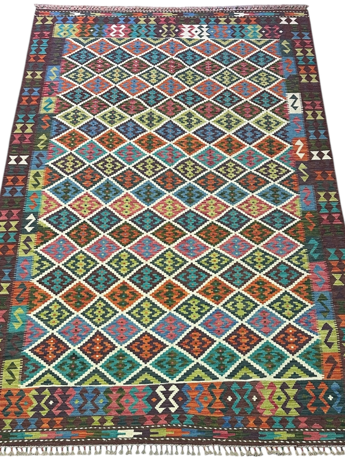 Afghan Kilim Rug 6x10, Ivory, Brown & Teal, Hand-Woven Wool Flatweave, view 2