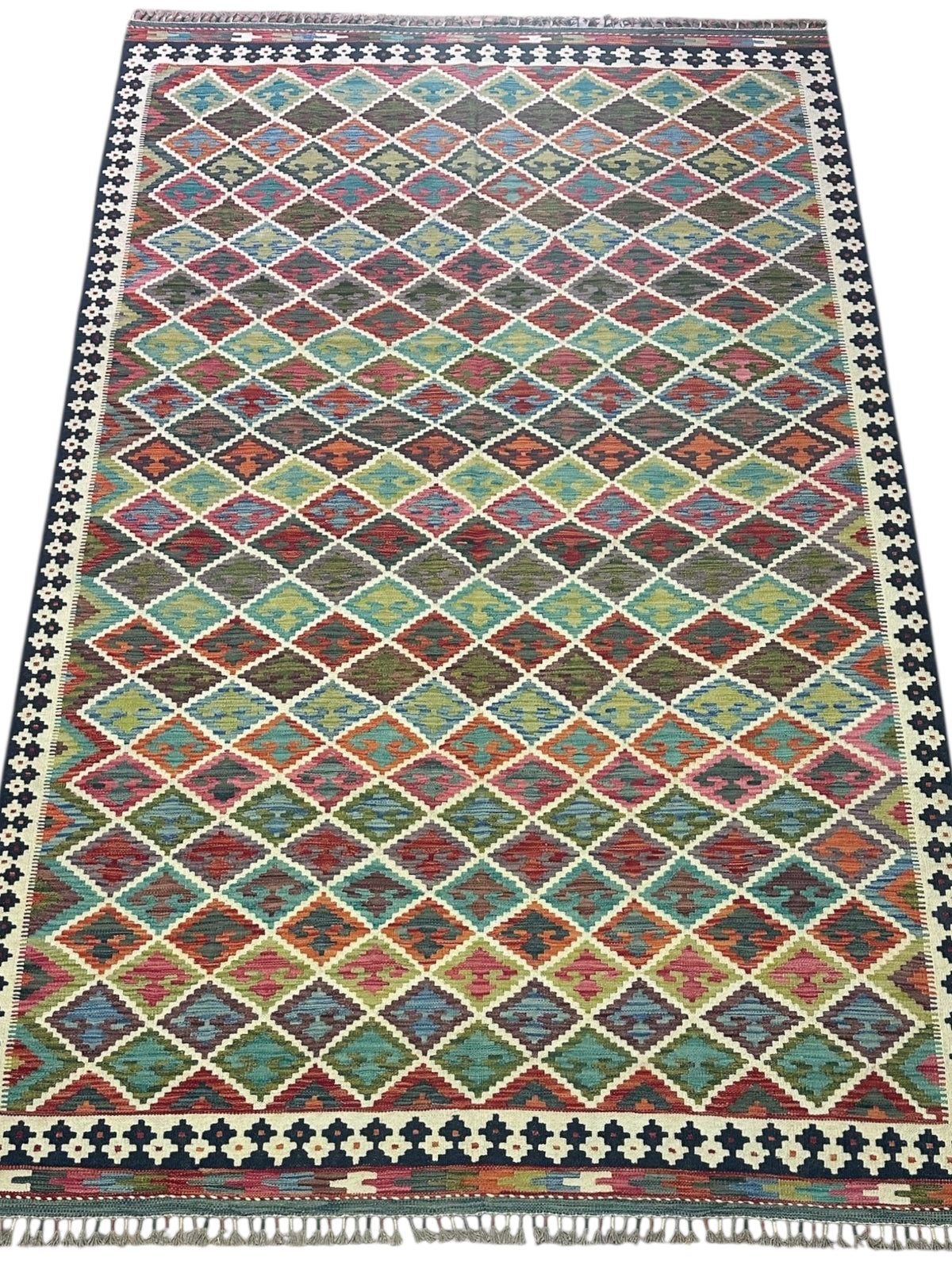 Afghan Kilim Rug 6x10, Green, Rust & Brown, Hand-Woven Wool Flatweave, view 2