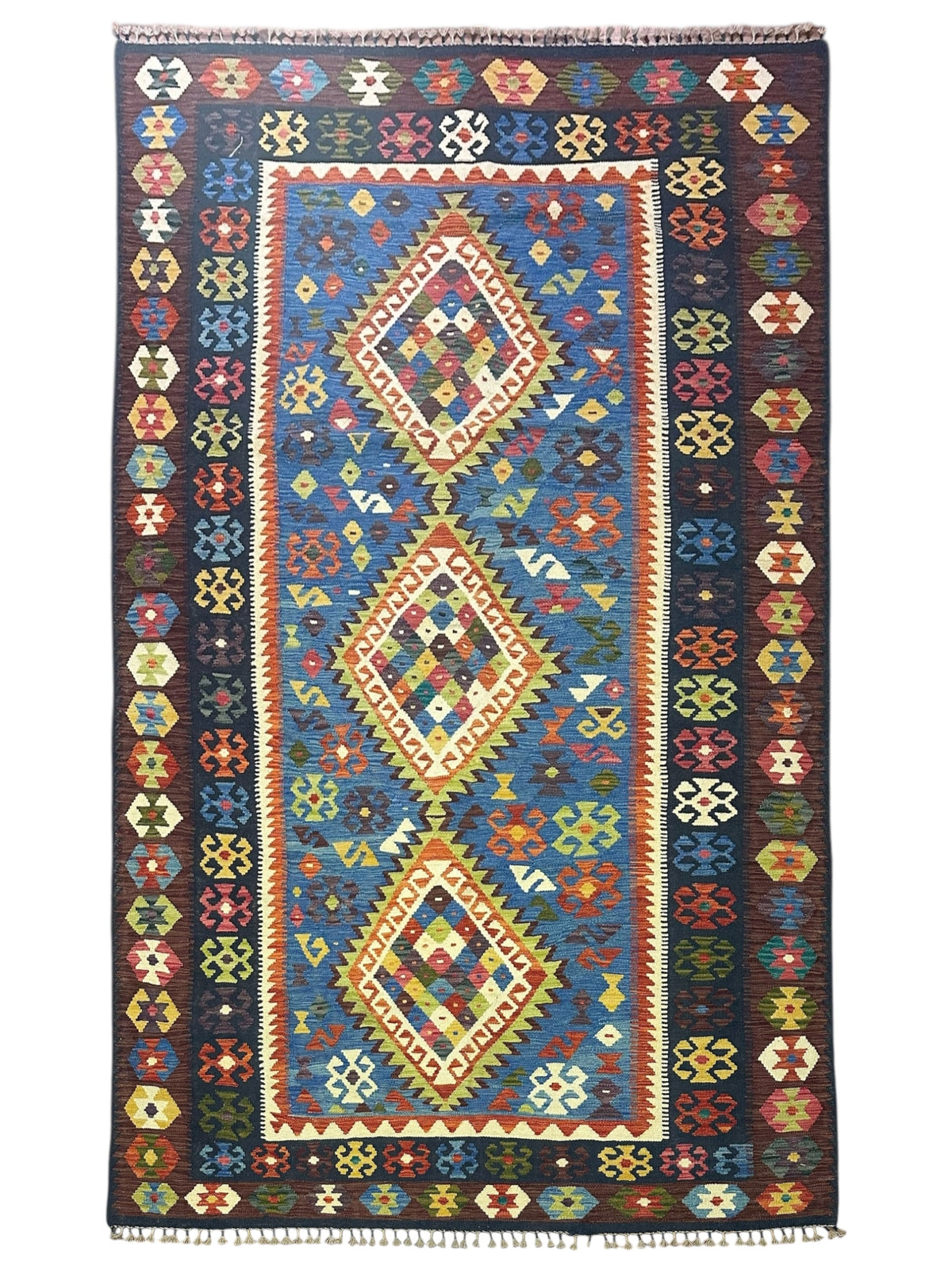 Afghan Kilim Rug 7x10, Blue, Brown & Ivory, Hand-Woven Wool Flatweave