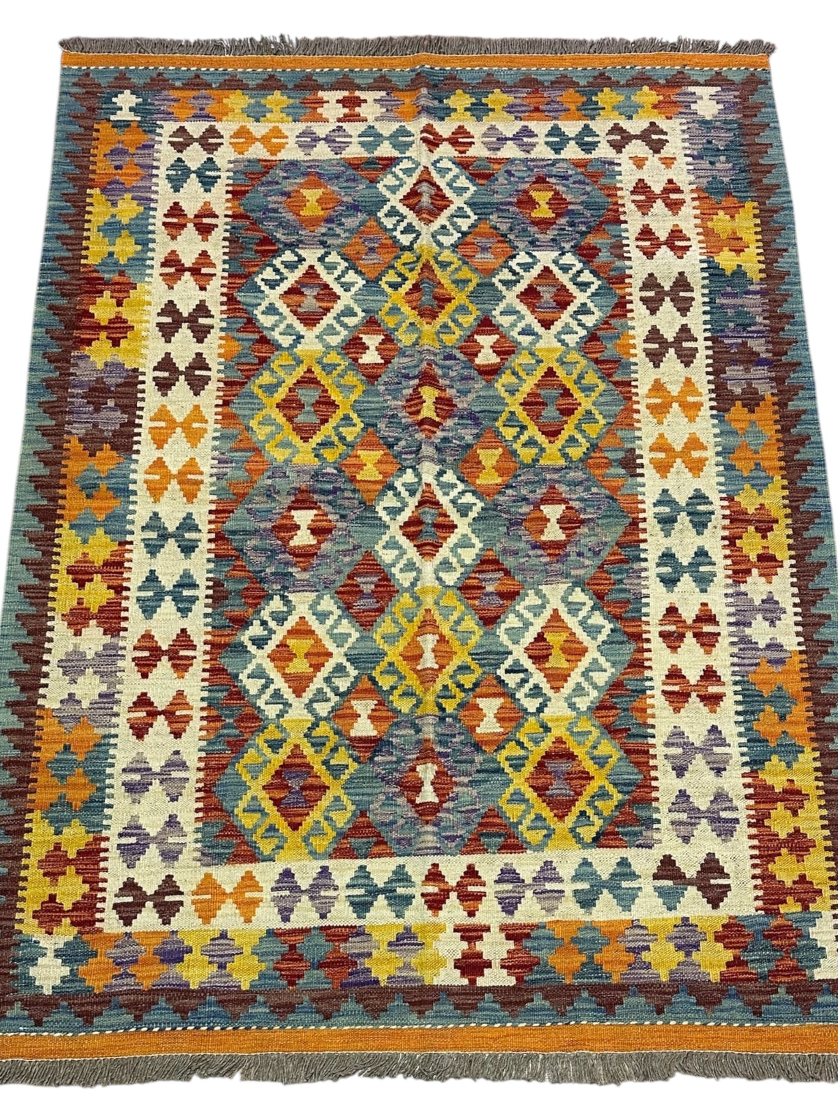 Afghan Kilim Rug 5x6, Blue, Gold & Ivory, Hand-Woven Wool Flatweave, view 2
