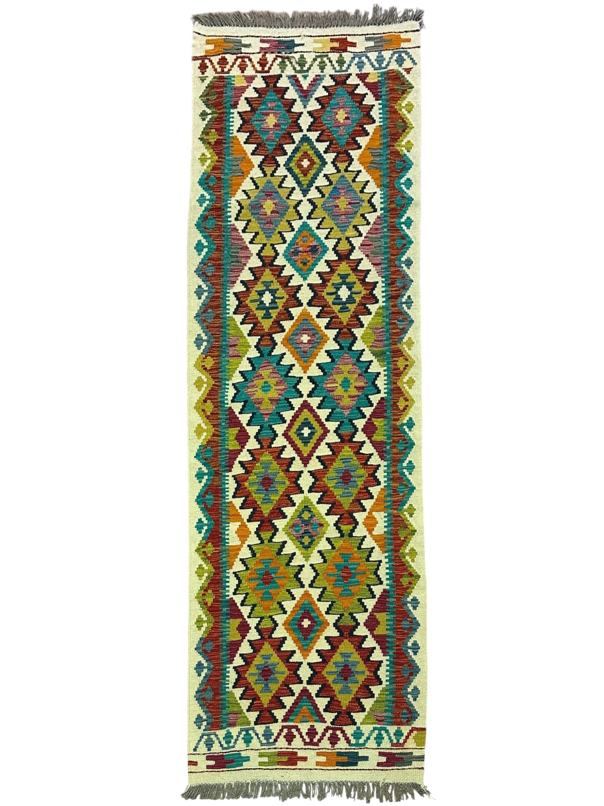 Afghan Kilim Runner 3x8, Ivory, Rust & Teal, Hand-Woven Wool Flatweave