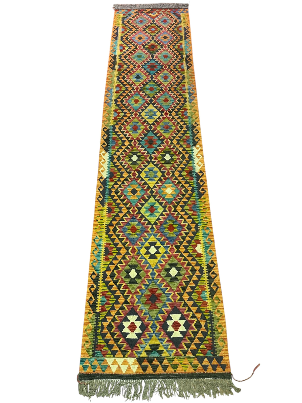 Afghan Kilim Runner 3x13, Gold, Teal & Olive Green, Hand-Woven Wool Flatweave, view 2