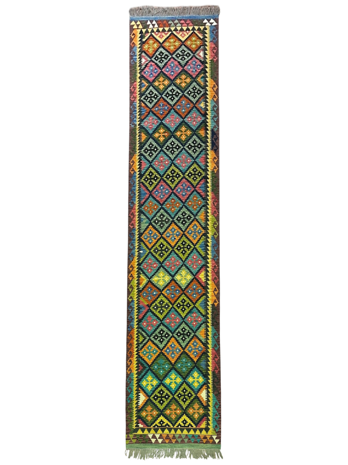 Afghan Kilim Runner 3x14, Navy, Teal & Yellow, Hand-Woven Wool Flatweave
