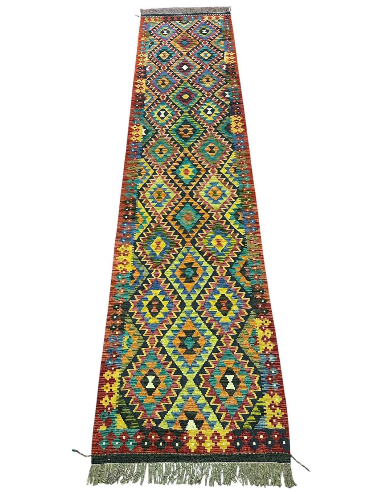 Afghan Kilim Runner 3x13, Teal, Gold & Gray, Hand-Woven Wool Flatweave, view 2