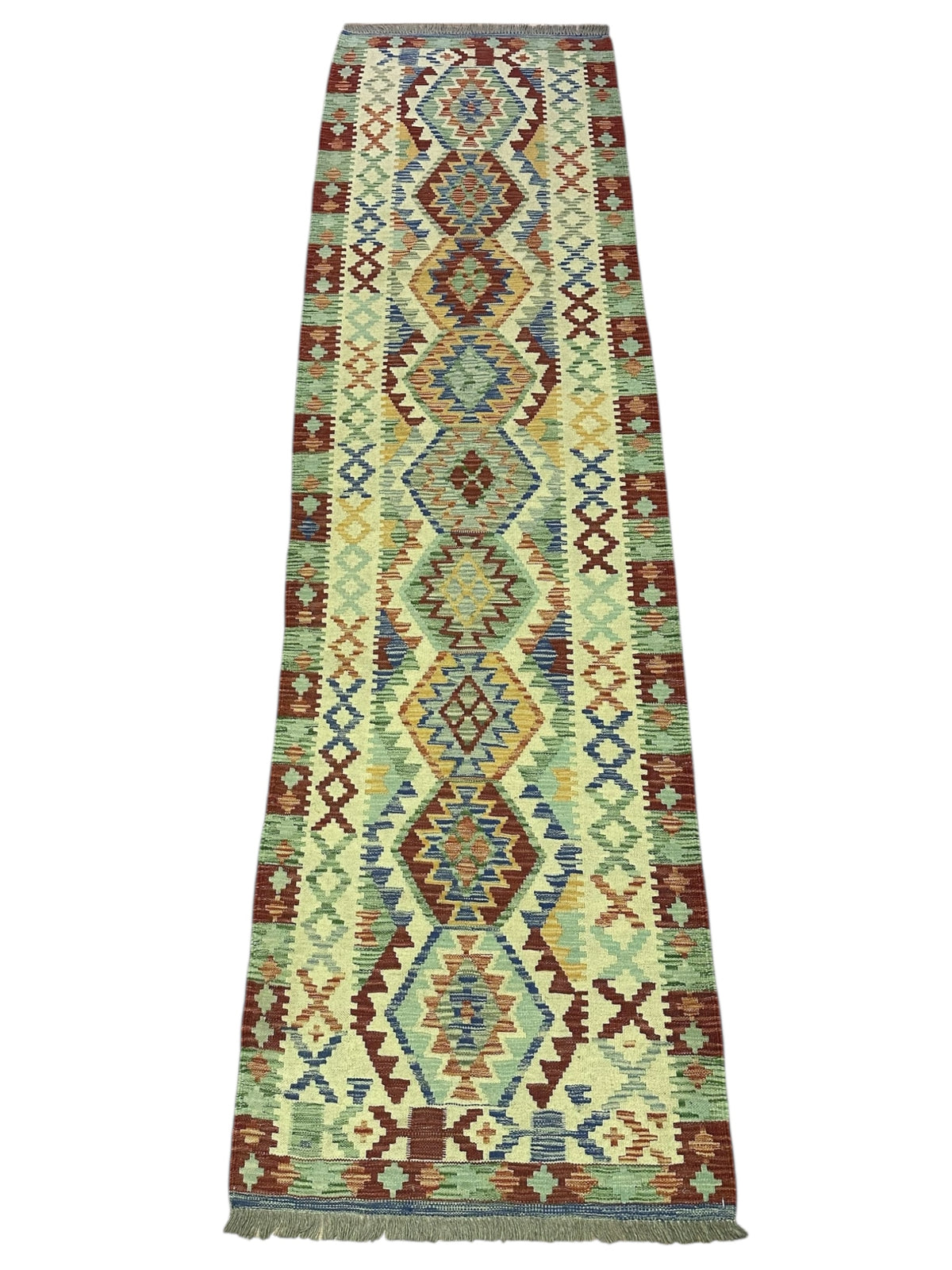 Afghan Kilim Runner 3x10, Ivory, Green & Red, Hand-Woven Wool Flatweave, view 2