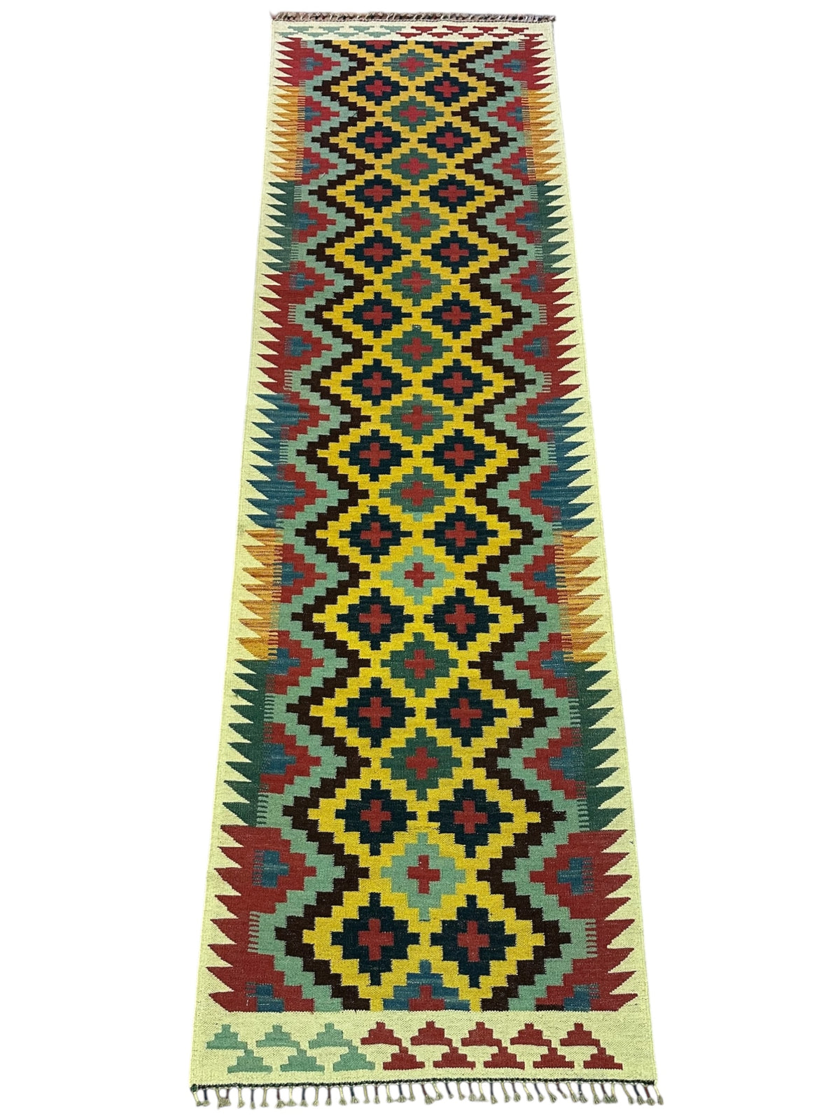 Afghan Kilim Runner 3x10, Navy, Yellow & Purple, Hand-Woven Wool Flatweave, view 2