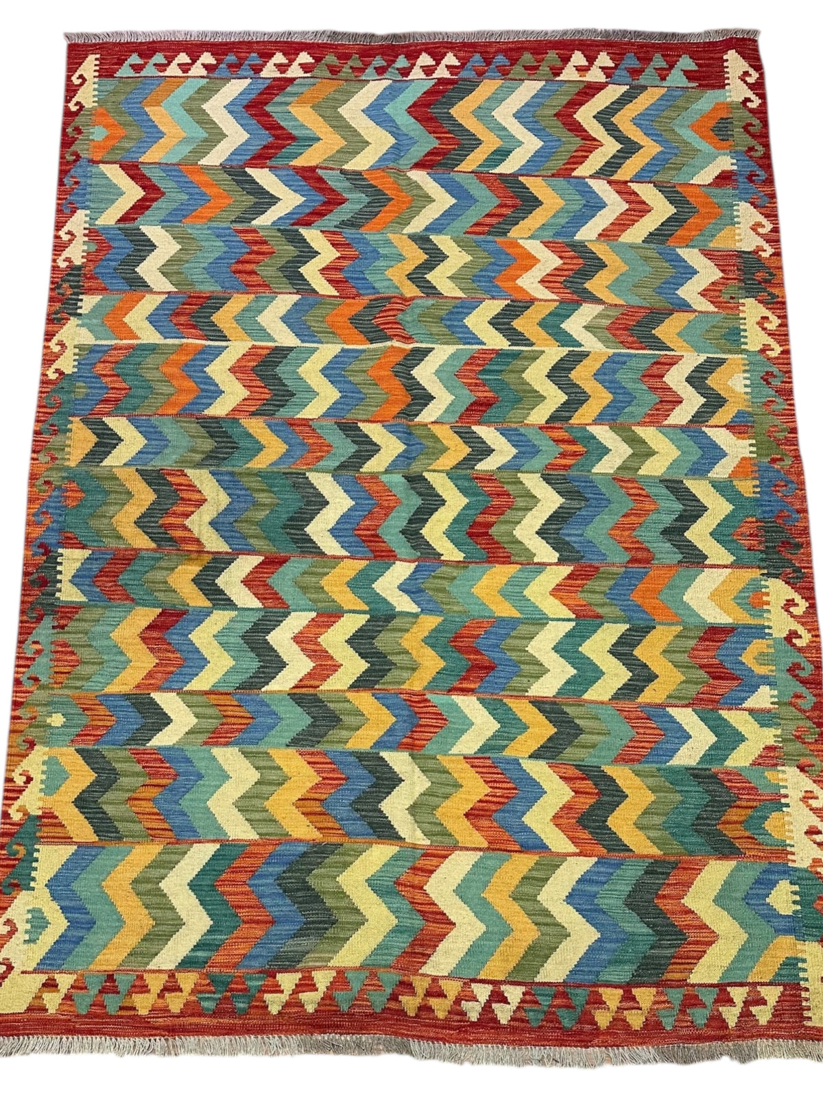 Afghan Kilim Rug 6x8, Red, Blue & Teal, Hand-Woven Wool Flatweave, view 9