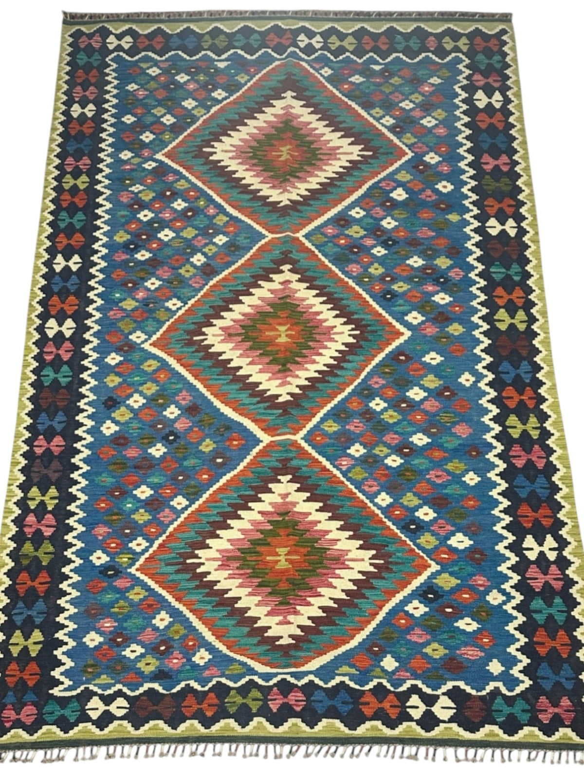 Afghan Kilim Rug 7x10, Blue, Navy & Rust, Hand-Woven Wool Flatweave, view 2