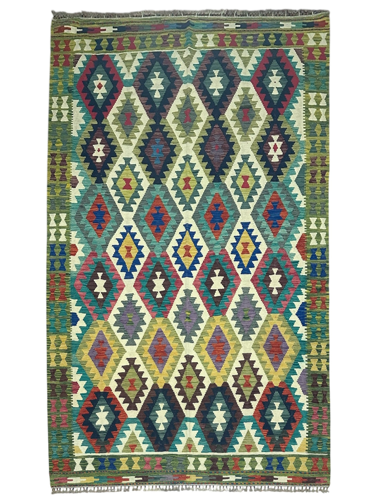 Afghan Kilim Rug 6x10, Ivory, Teal & Navy, Hand-Woven Wool Flatweave