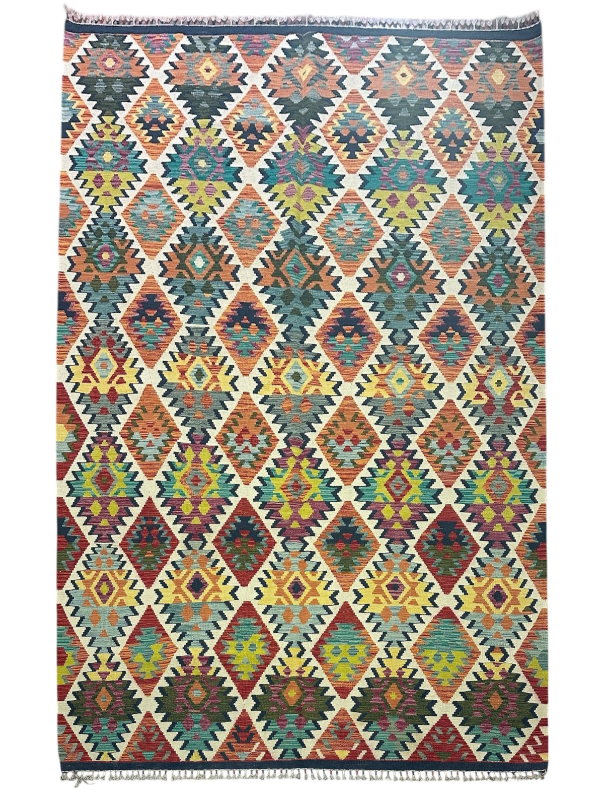Afghan Kilim Rug 7x10, Rust, Teal & Ivory, Hand-Woven Wool Flatweave