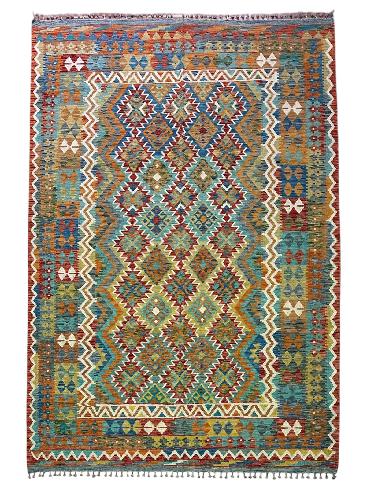 Afghan Kilim Rug 7x10, Rust, Teal & Gold, Hand-Woven Wool Flatweave
