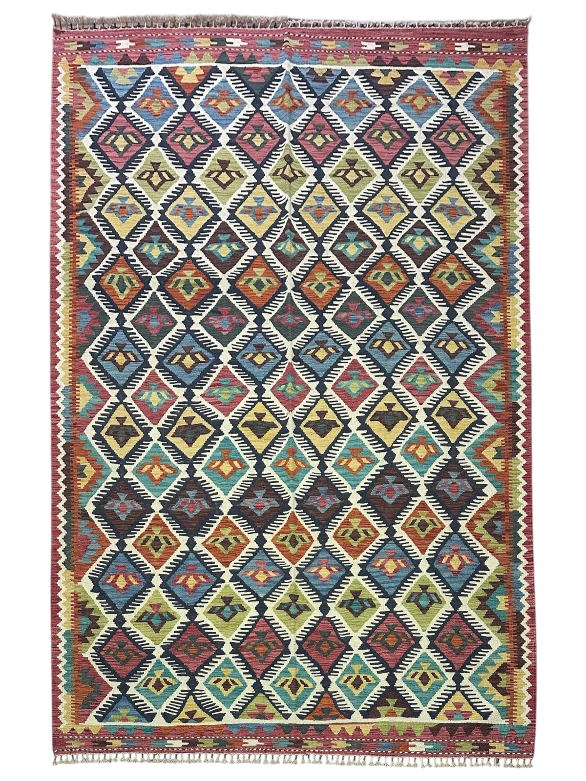 Afghan Kilim Rug 7x10, Navy, Ivory & Red, Hand-Woven Wool Flatweave