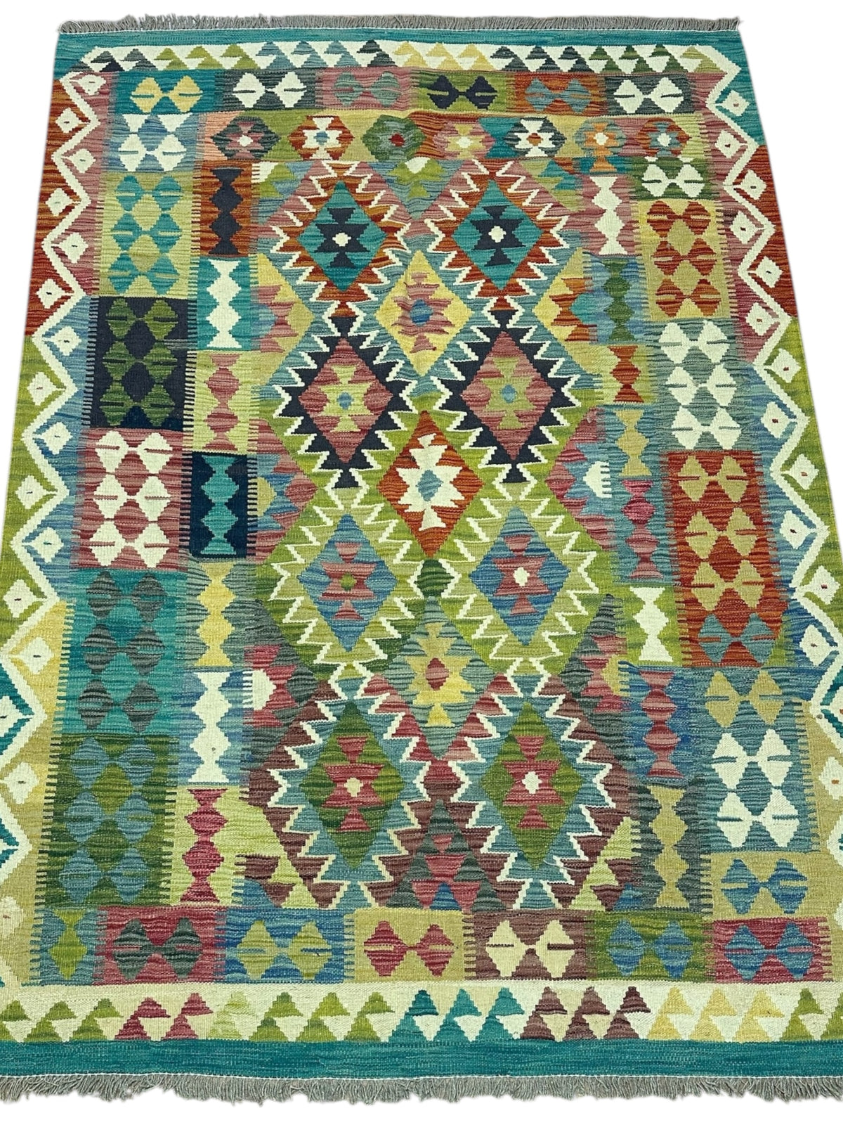 Afghan Kilim Rug 5x6, Olive Green, Teal & Ivory, Hand-Woven Wool Flatweave, view 2