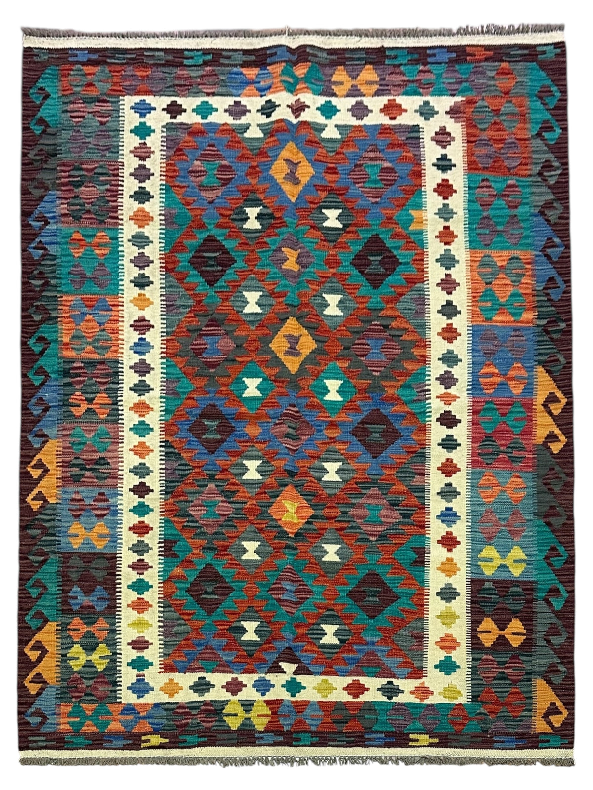 Afghan Kilim Rug 5x6, Rust, Teal & Brown, Hand-Woven Wool Flatweave