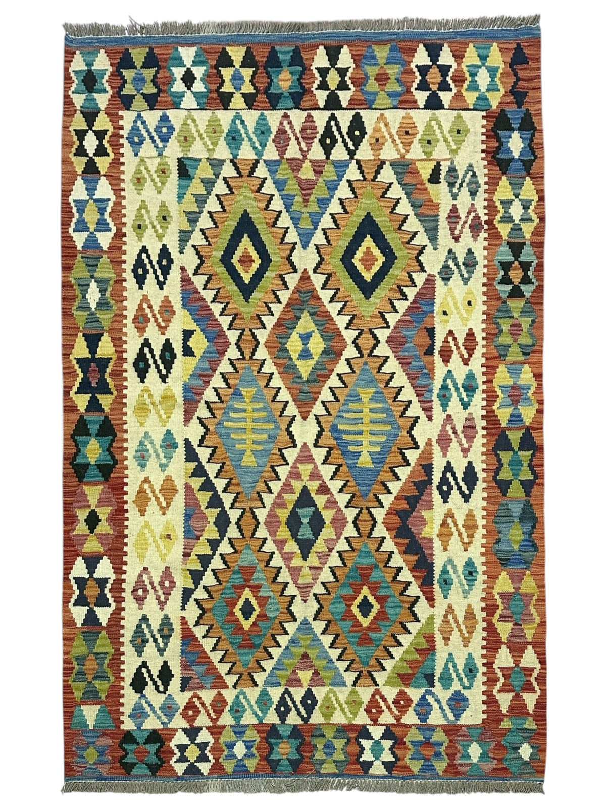 Afghan Kilim Rug 4x6, Ivory, Rust & Gold, Hand-Woven Wool Flatweave