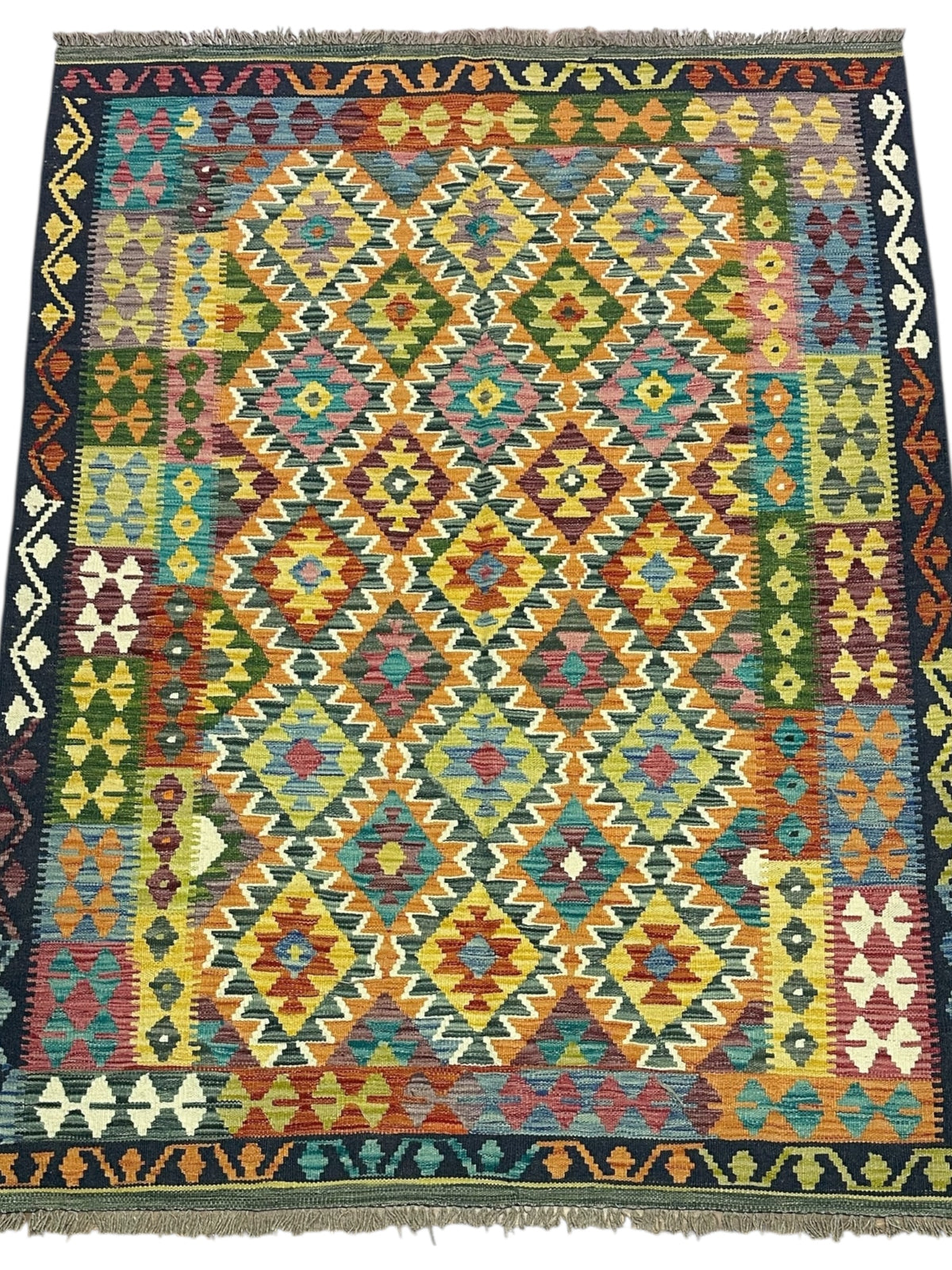 Afghan Kilim Rug 5x6, Gold, Rust & Navy, Hand-Woven Wool Flatweave, view 2