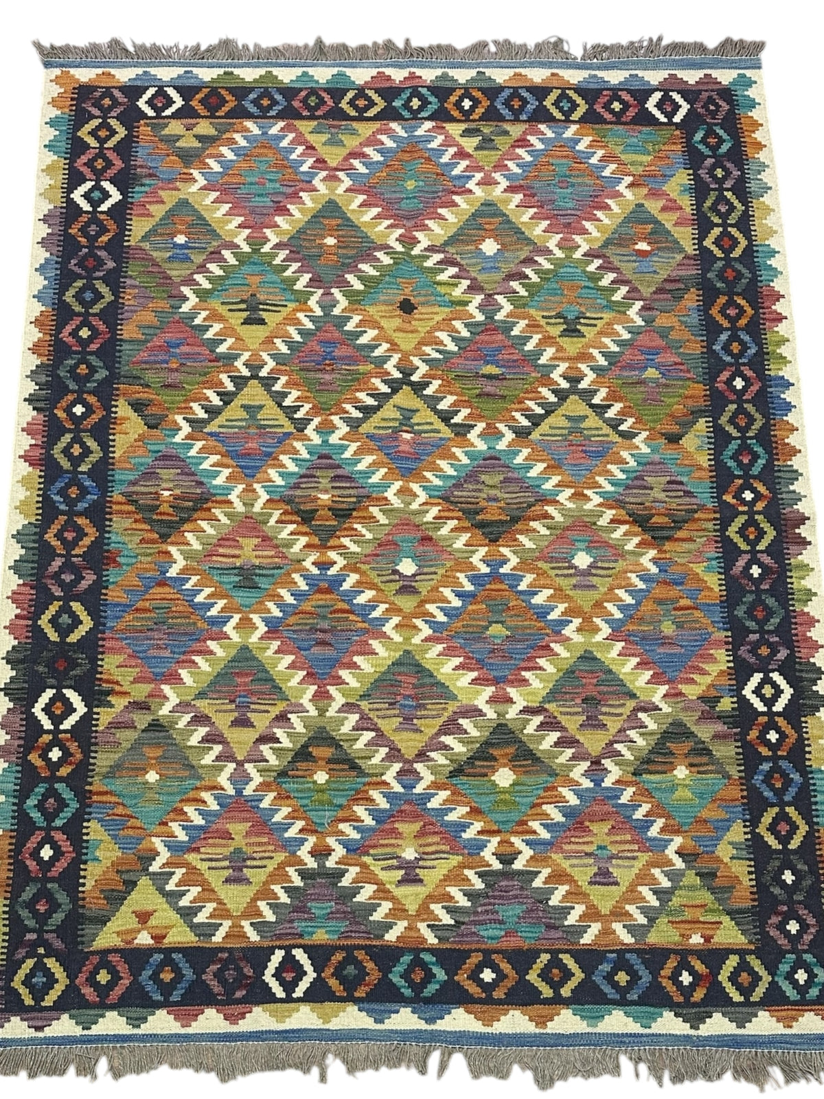 Afghan Kilim Rug 5x7, Rust, Navy & Teal, Hand-Woven Wool Flatweave, view 2