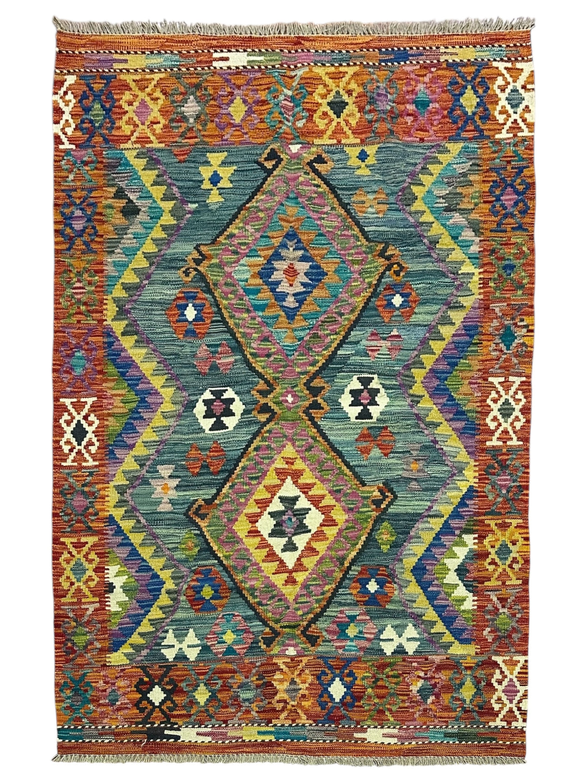 Afghan Kilim Rug 4x6, Teal, Rust & Gold, Hand-Woven Wool Flatweave