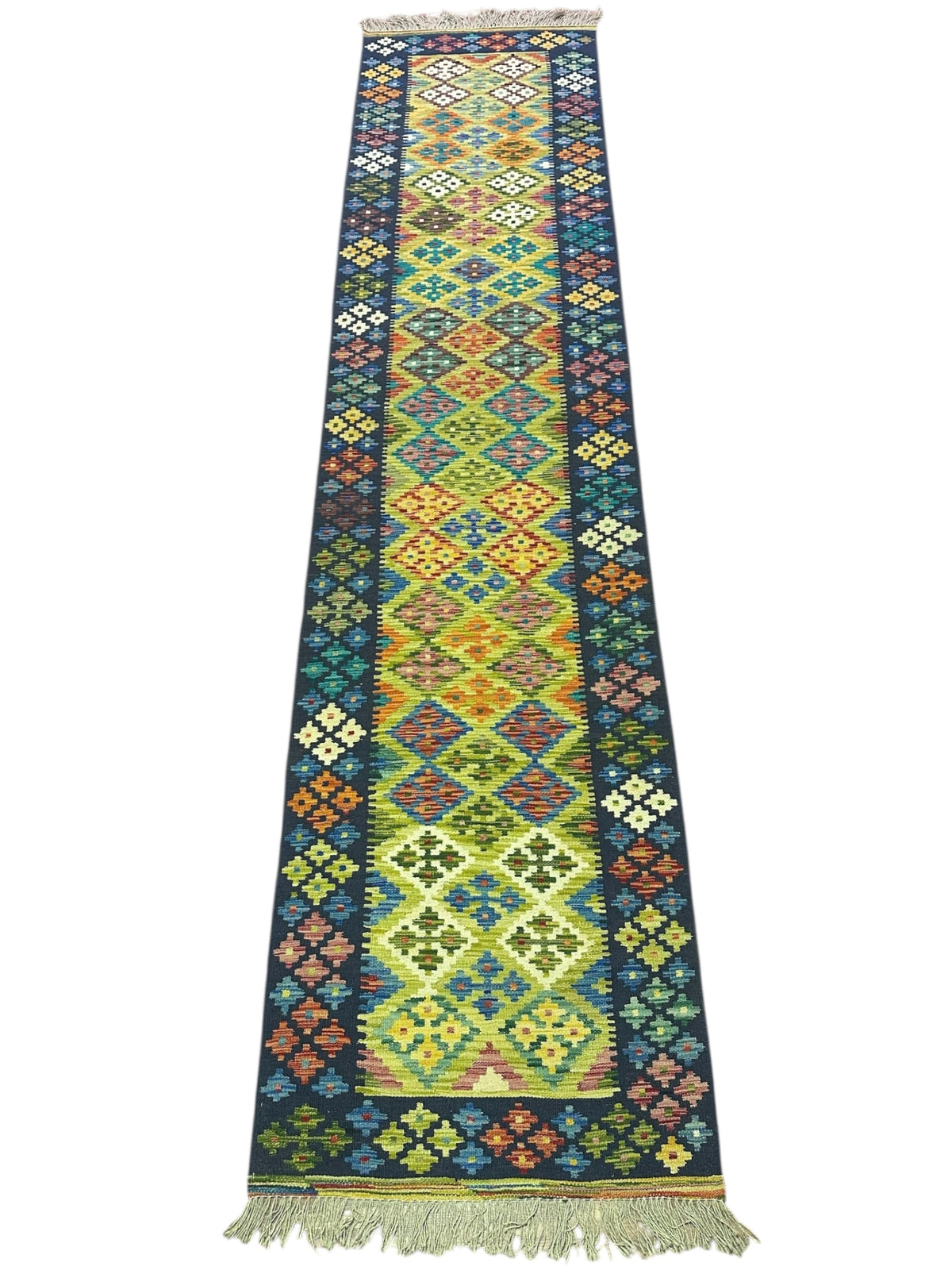 Afghan Kilim Runner 3x13, Navy, Olive Green & Blue, Hand-Woven Wool Flatweave, view 2