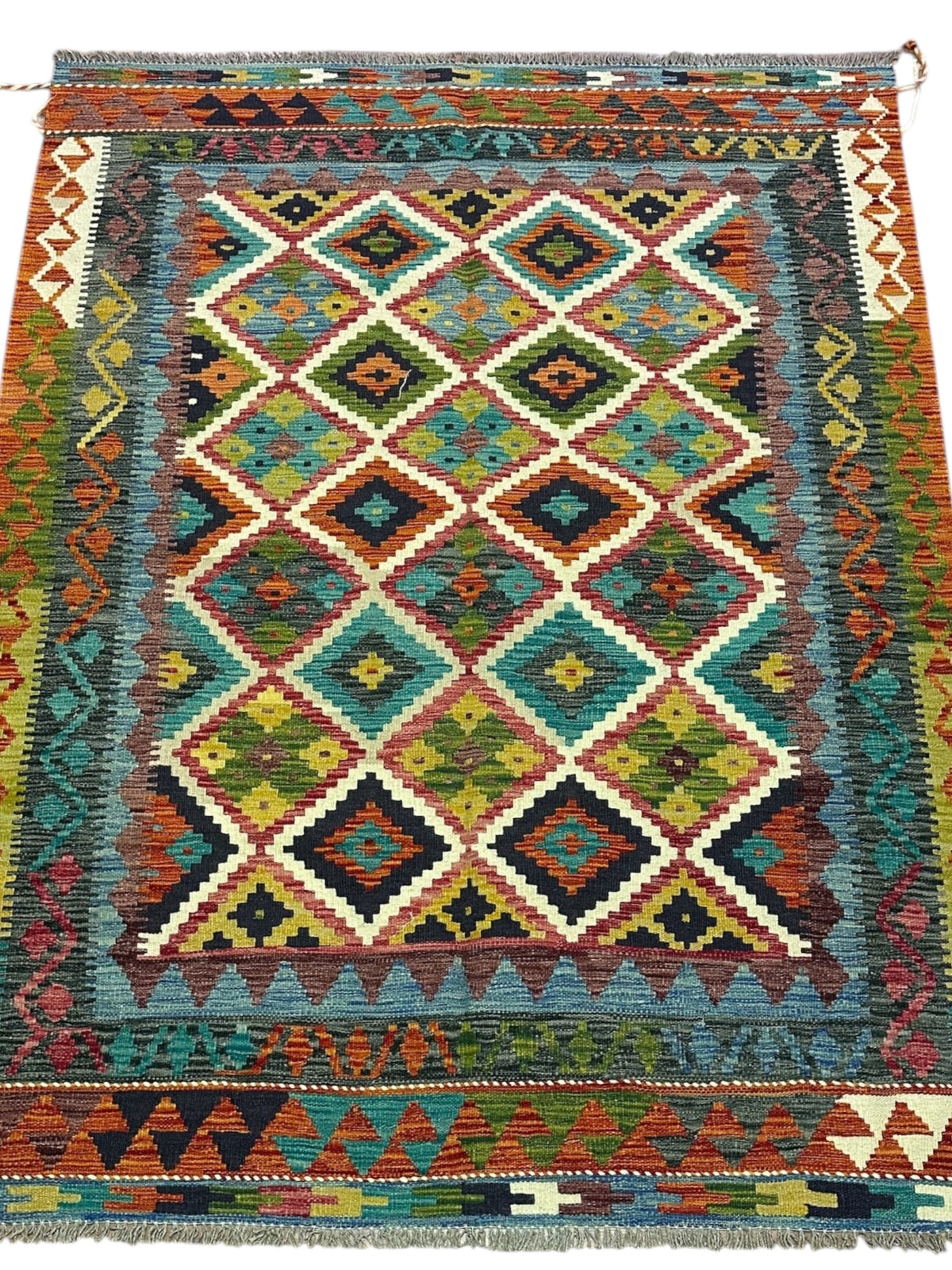 Afghan Kilim Rug 5x7, Teal, Rust & Navy, Hand-Woven Wool Flatweave, view 2