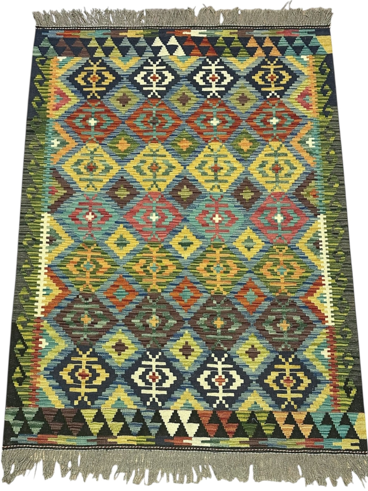 Afghan Kilim Rug 4x6, Olive Green, Navy & Teal, Hand-Woven Wool Flatweave, view 2