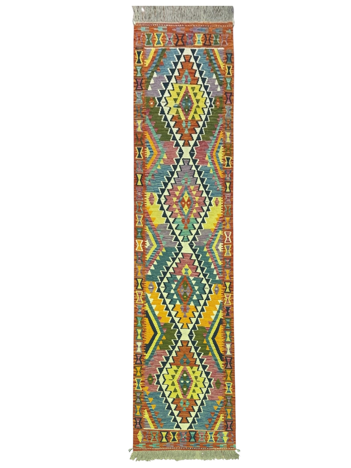 Afghan Kilim Runner 3x10, Rust, Teal & Yellow, Hand-Woven Wool Flatweave