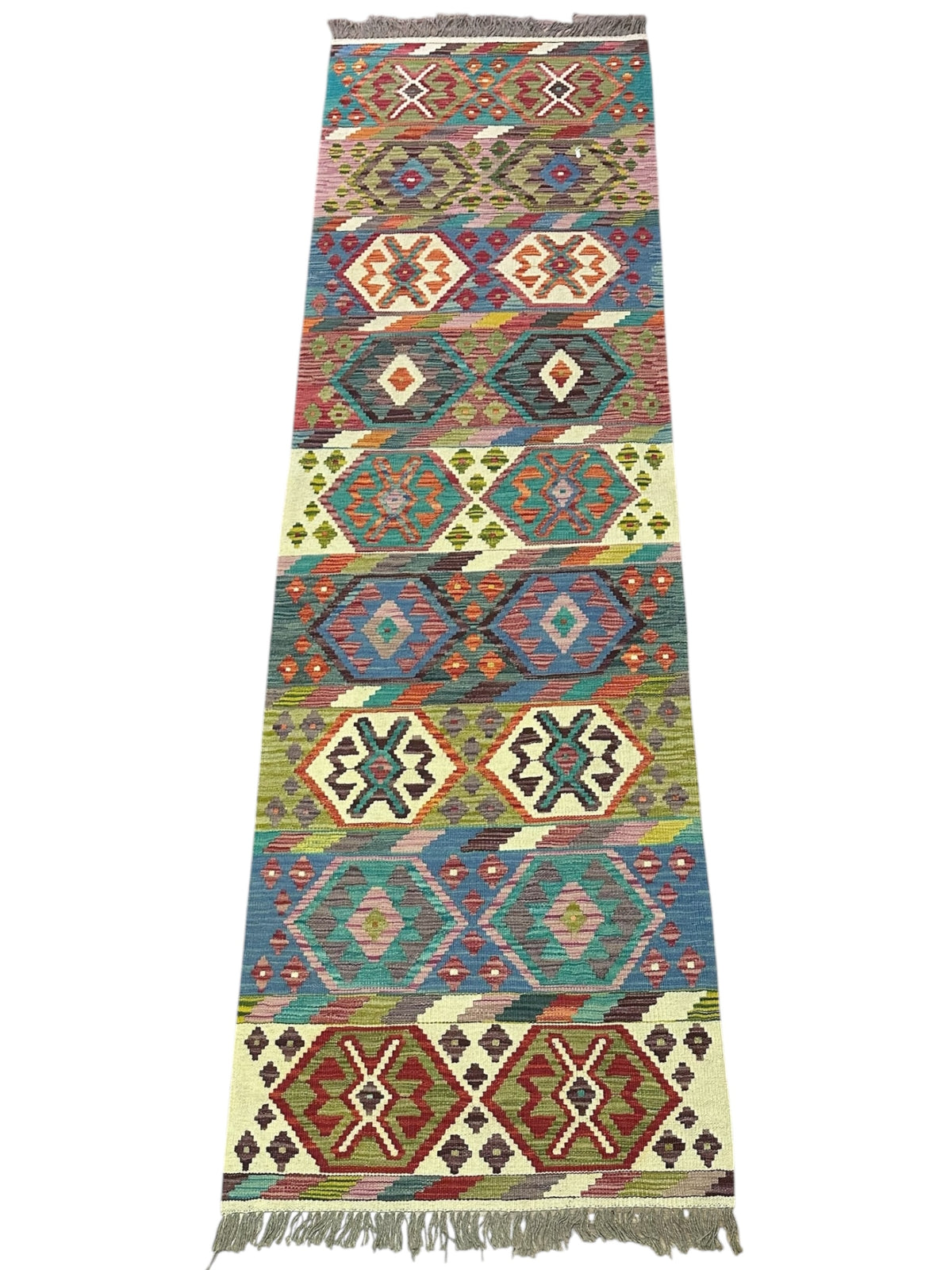 Afghan Kilim Runner 3x10, Teal, Ivory & Rust, Hand-Woven Wool Flatweave, view 2