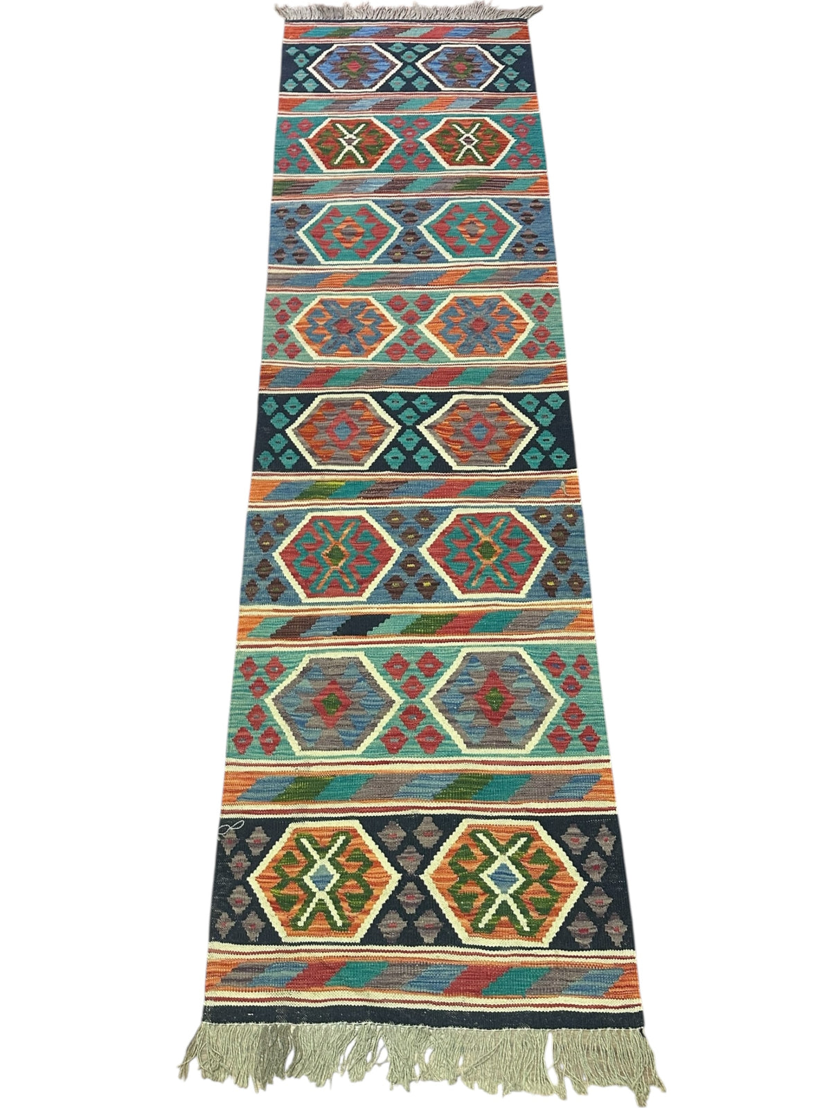 Afghan Kilim Runner 3x10, Navy, Rust & Teal, Hand-Woven Wool Flatweave, view 2