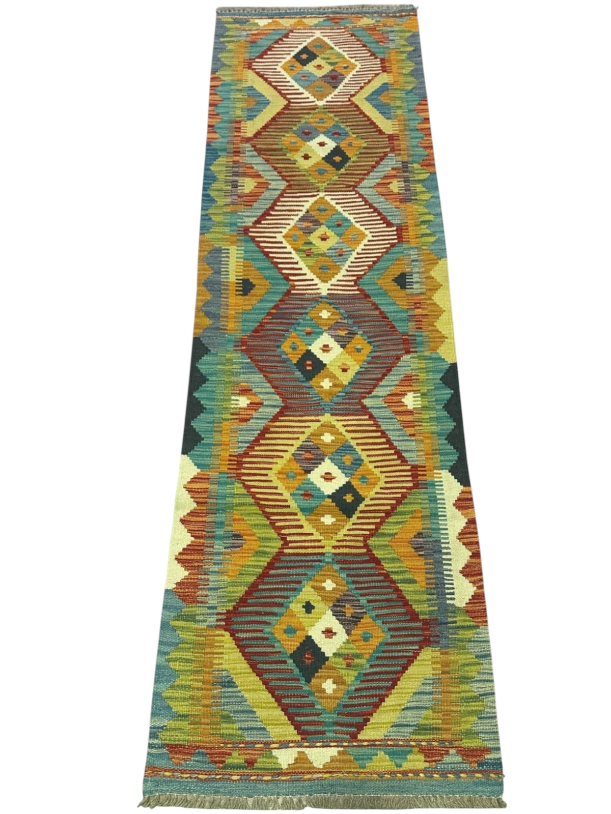 Afghan Kilim Runner 2x7, Teal, Brown & Gold, Hand-Woven Wool Flatweave, view 2
