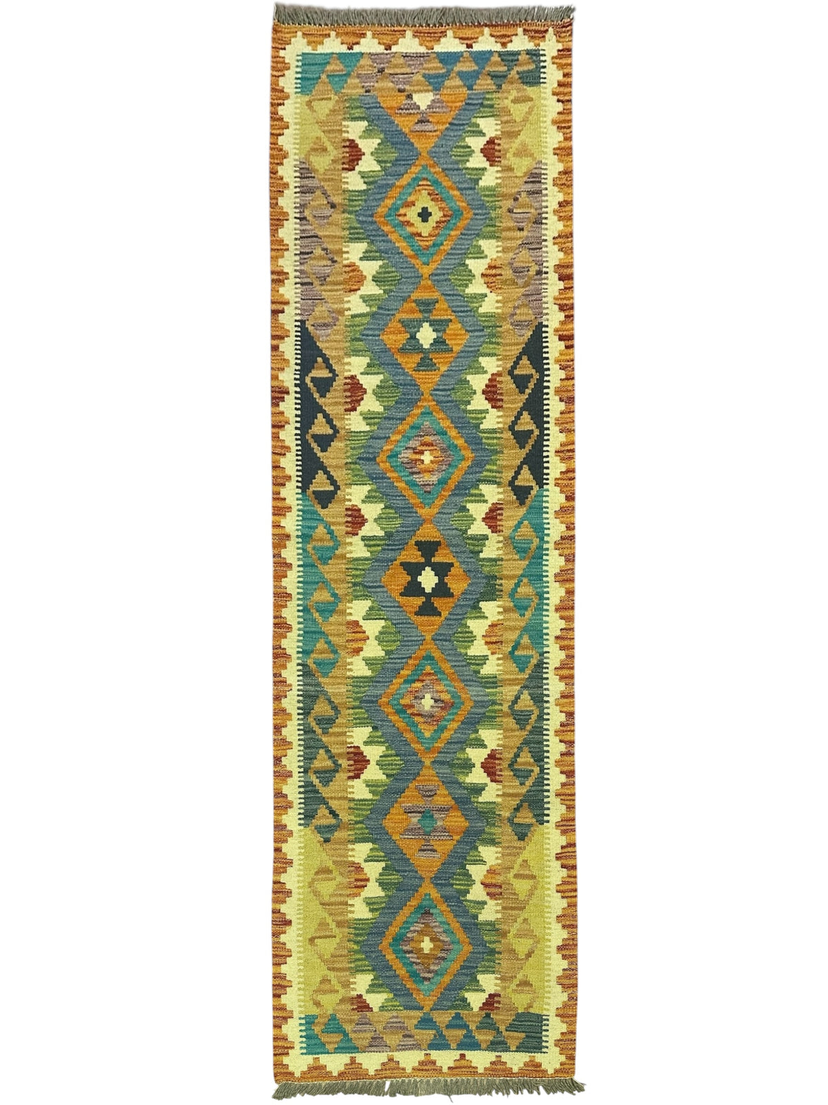 Afghan Kilim Runner 2x6, Gold, Teal & Olive Green, Hand-Woven Wool Flatweave