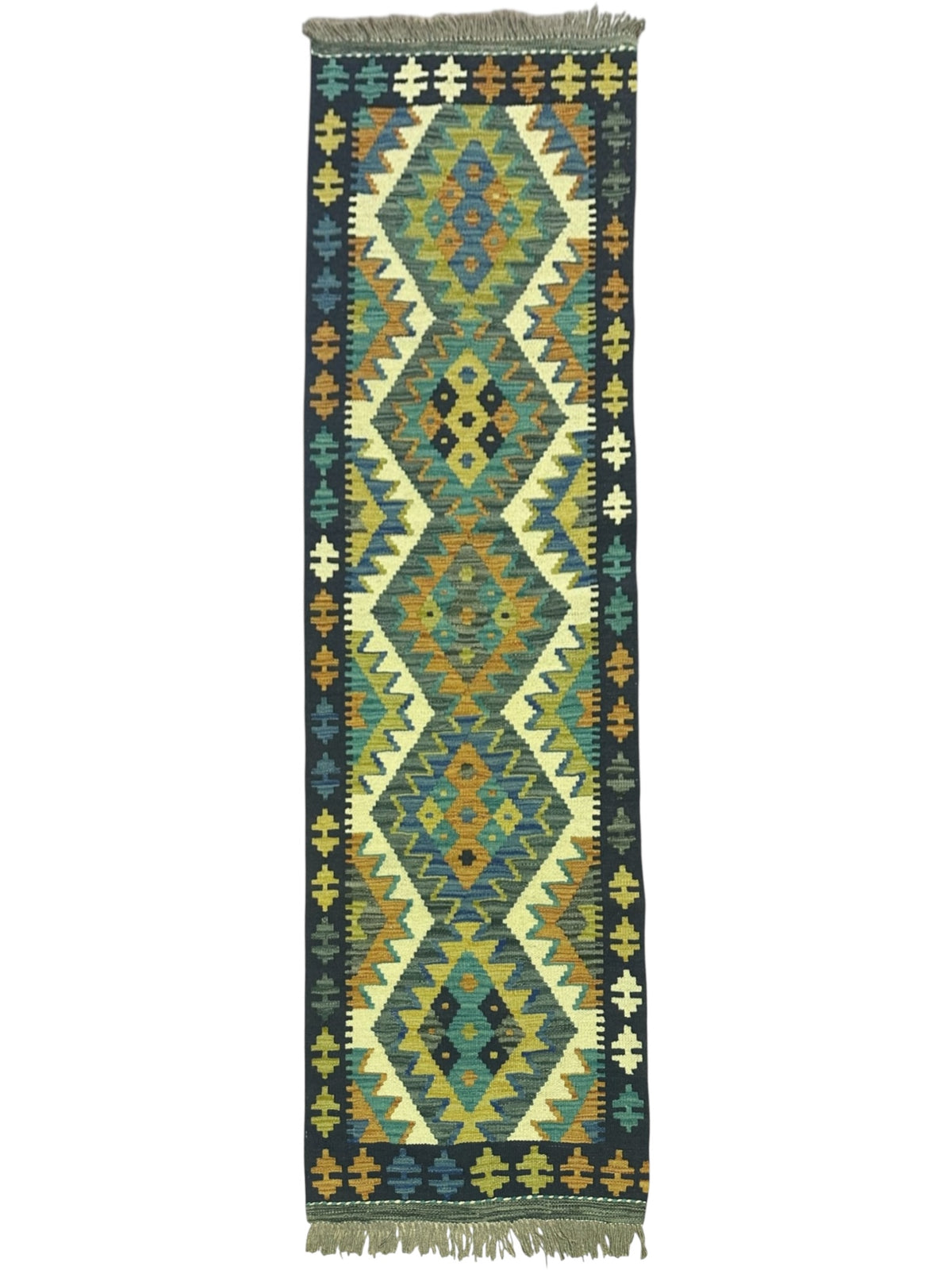 Afghan Kilim Runner 2x6, Navy, Olive Green & Ivory, Hand-Woven Wool Flatweave
