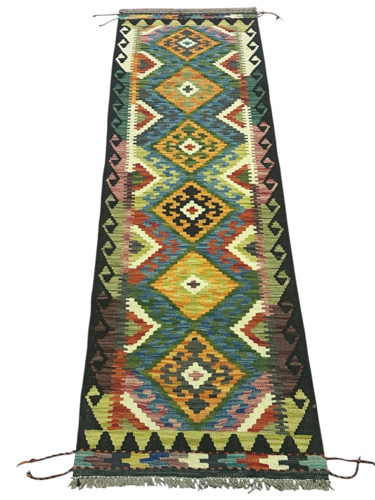 Afghan Kilim Runner 2x7, Navy, Gold & Ivory, Hand-Woven Wool Flatweave, view 2