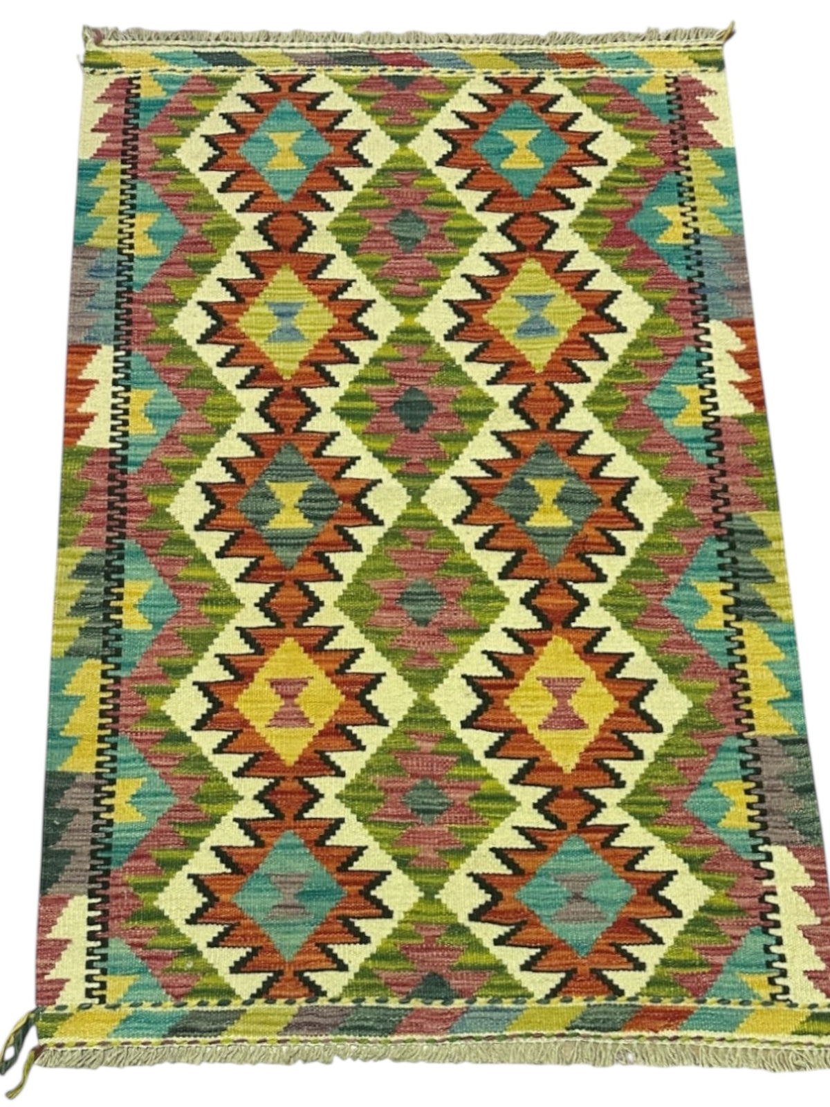 Afghan Kilim Rug 3x4, Olive Green, Rust & Ivory, Hand-Woven Wool Flatweave, view 2