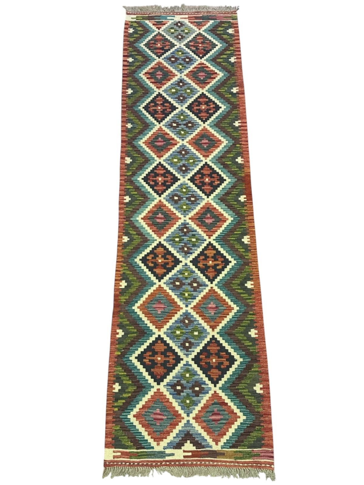 Afghan Kilim Runner 3x9, Navy, Rust & Ivory, Hand-Woven Wool Flatweave, view 2