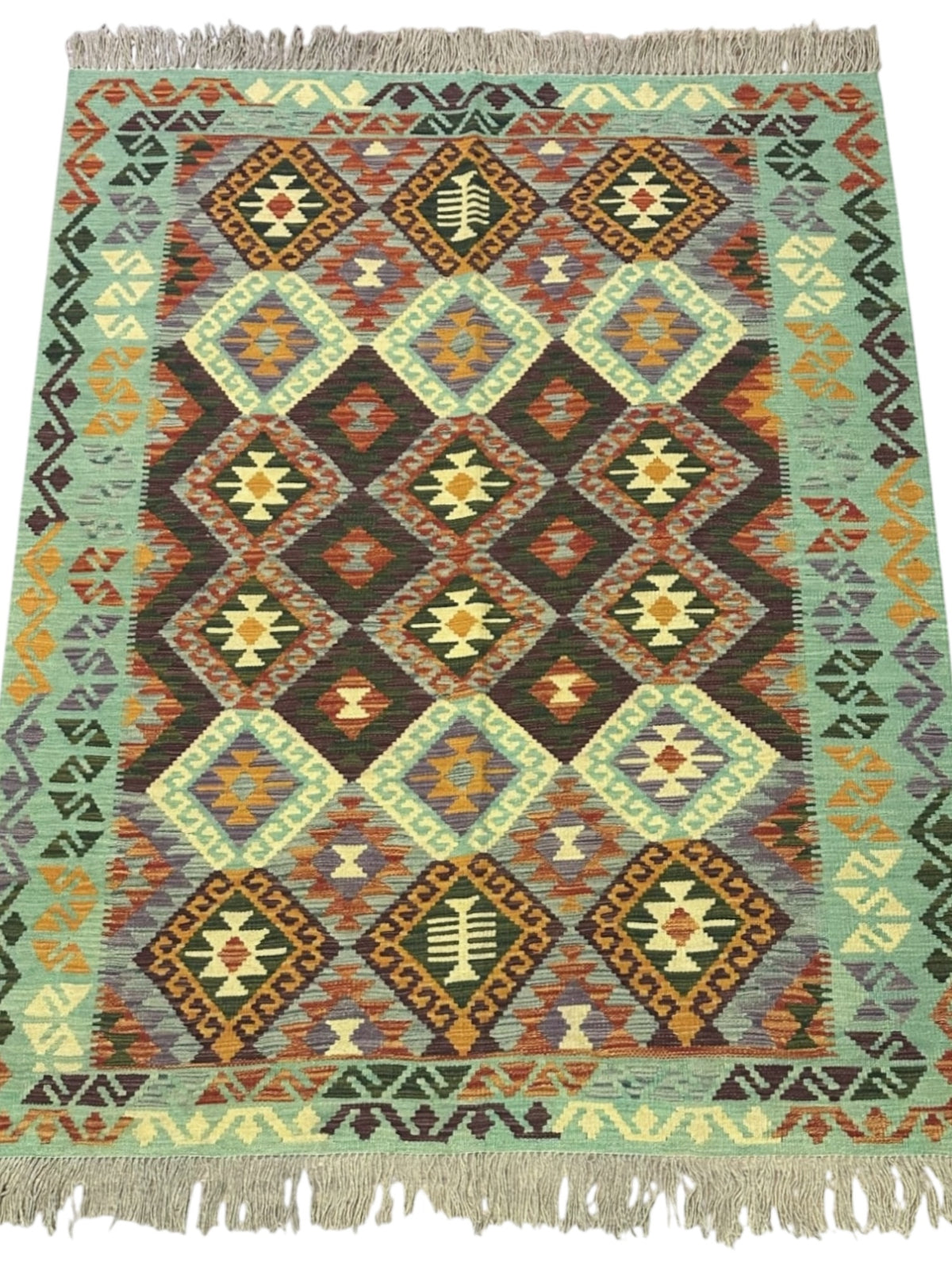 Afghan Kilim Rug 5x6, Green, Brown & Rust, Hand-Woven Wool Flatweave, view 2