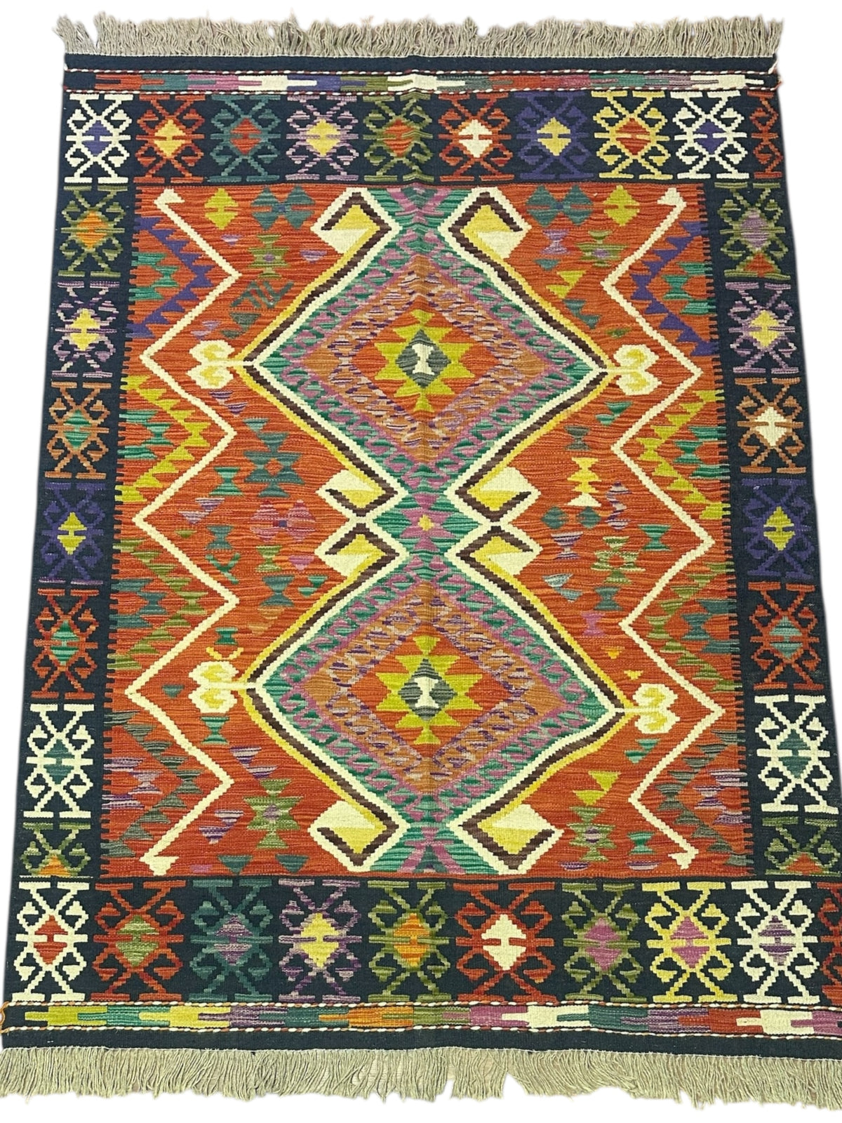 Afghan Kilim Rug 5x6, Rust, Navy & Olive Green, Hand-Woven Wool Flatweave, view 2