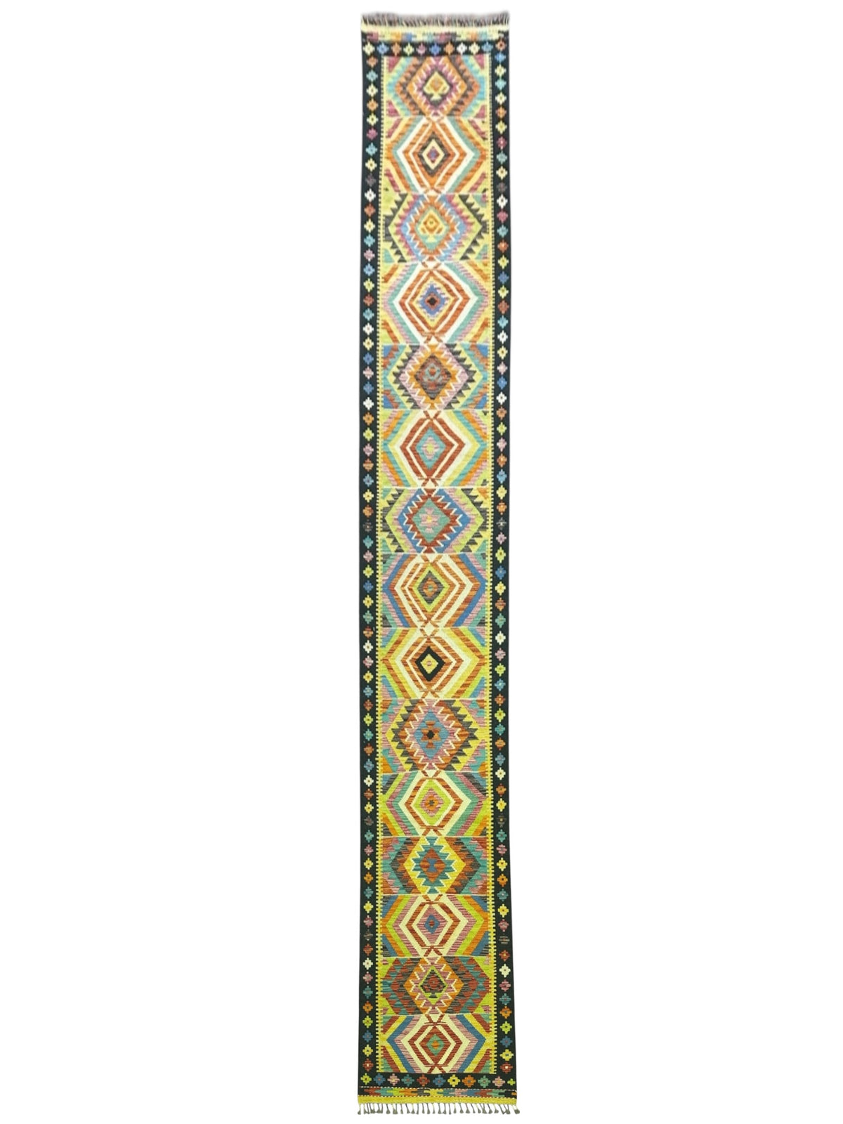 Afghan Kilim Runner 3x16, Gold, Black & Rust, Hand-Woven Wool Flatweave