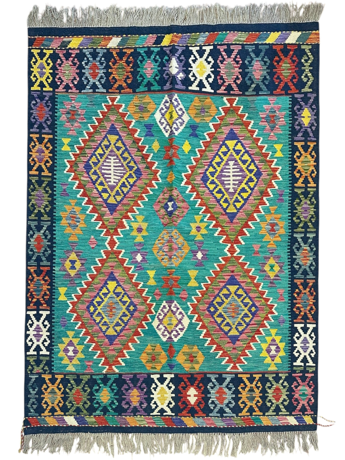 Afghan Kilim Rug 5x6, Teal, Navy & Rust, Hand-Woven Wool Flatweave